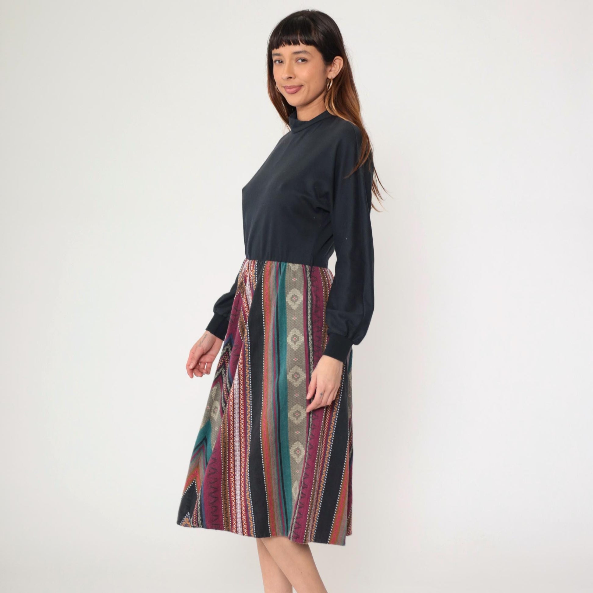 80s Orvis Chevron Stripe Midi Dress Mock Neck Long Sleeve Black Bodice Small