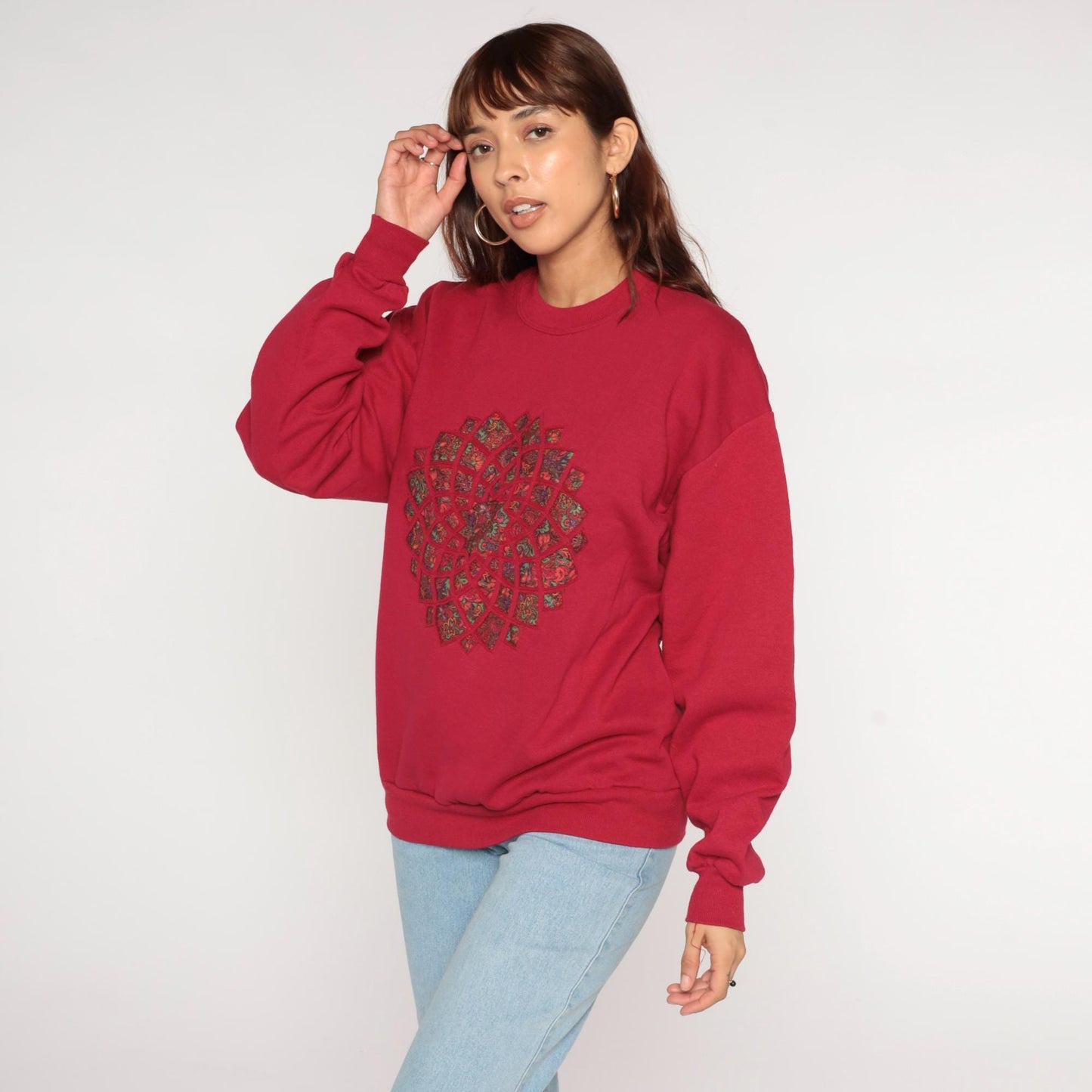 90s Jerzees Quilted Mandala Sweatshirt Deep Red Crewneck Large L
