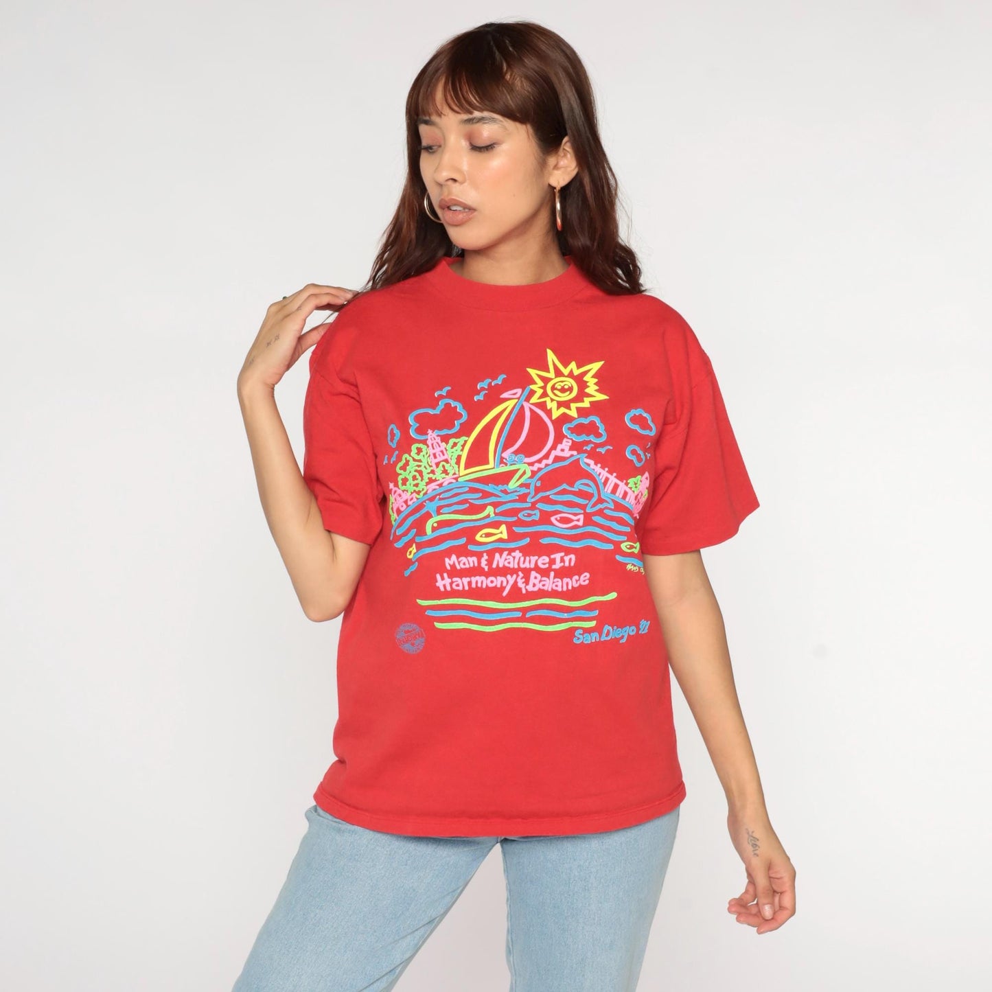 90s San Diego Graphic T-Shirt 1991 Neon Red Cotton Crewneck Medium