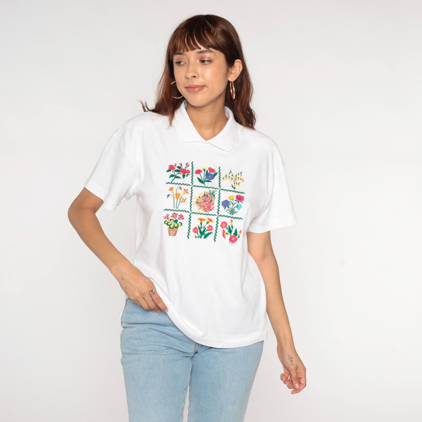 90s Jennifer Moore Petites Floral Embroidered Collared T-Shirt White Medium