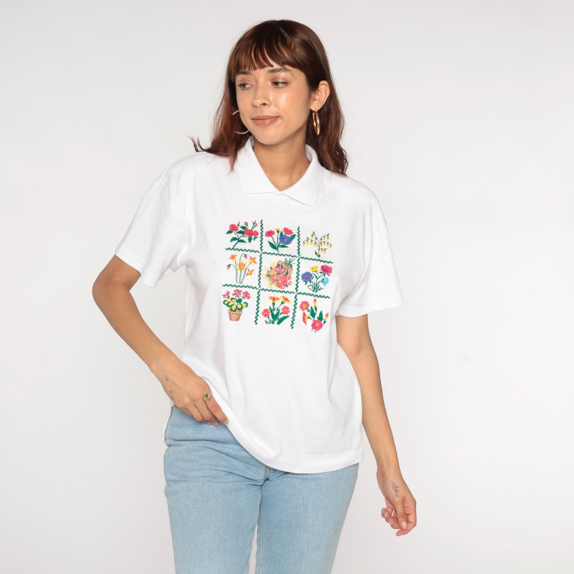 90s Jennifer Moore Petites Floral Embroidered Collared T-Shirt White Medium