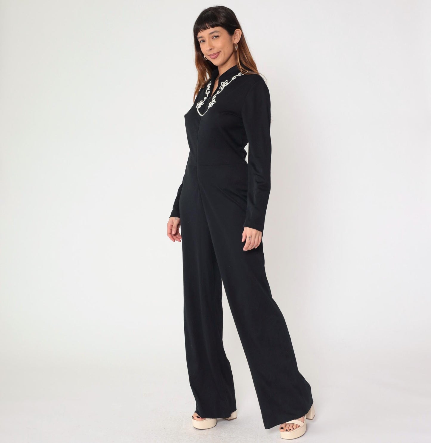 70s Black Jumpsuit White Floral Soutache Trim Straight Leg Long Sleeve Medium Large