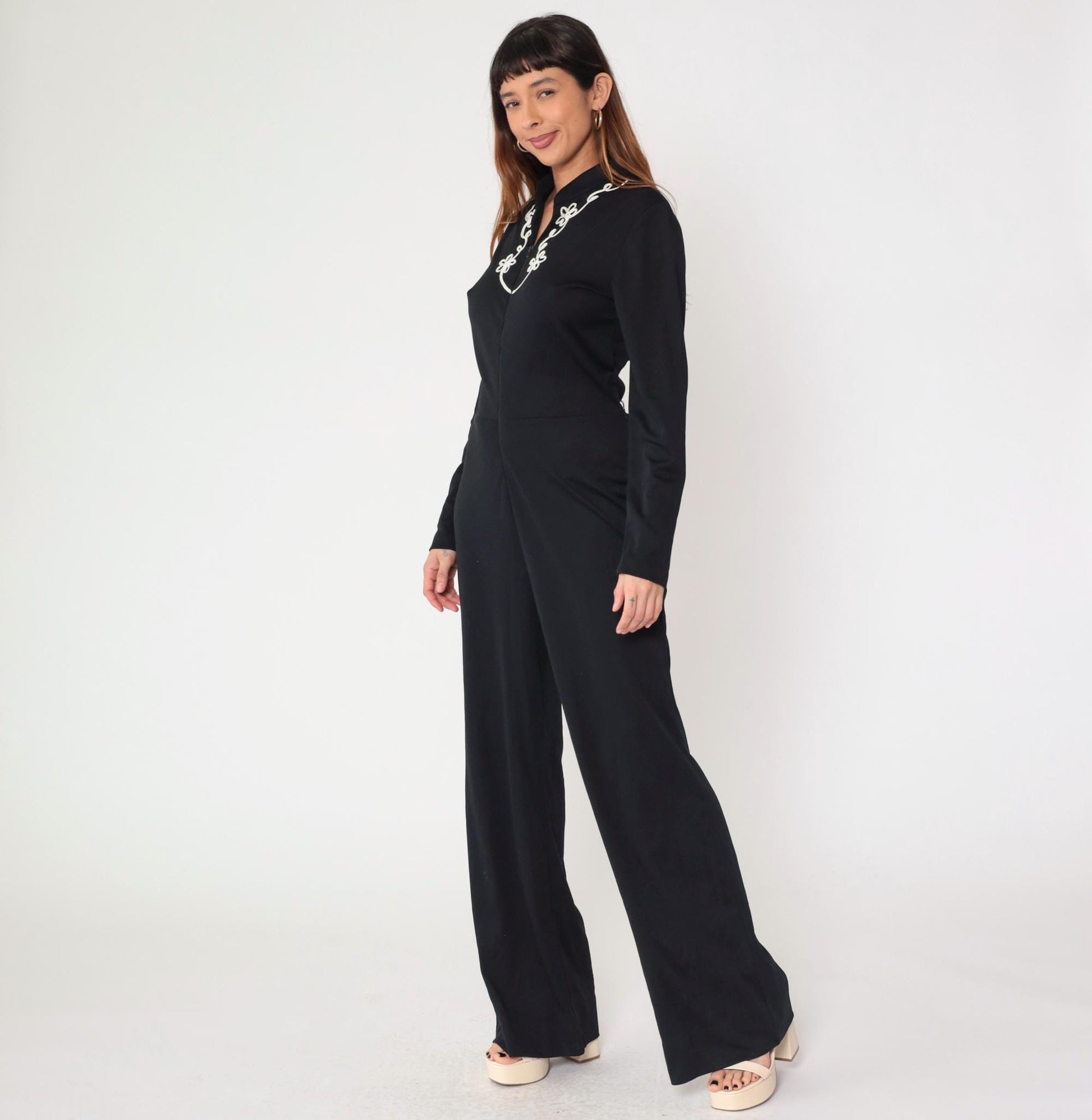 70s Black Jumpsuit White Floral Soutache Trim Straight Leg Long Sleeve Medium Large