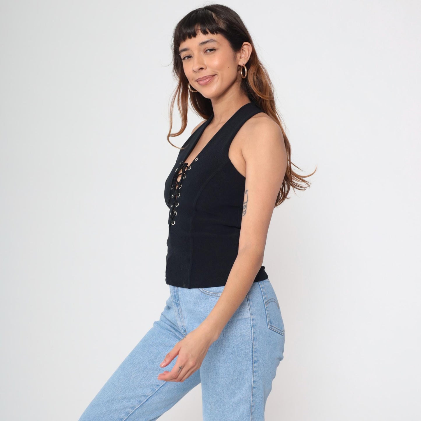 Y2K Black Lace-Up Corset Tank Top Racerback Sleeveless Small S