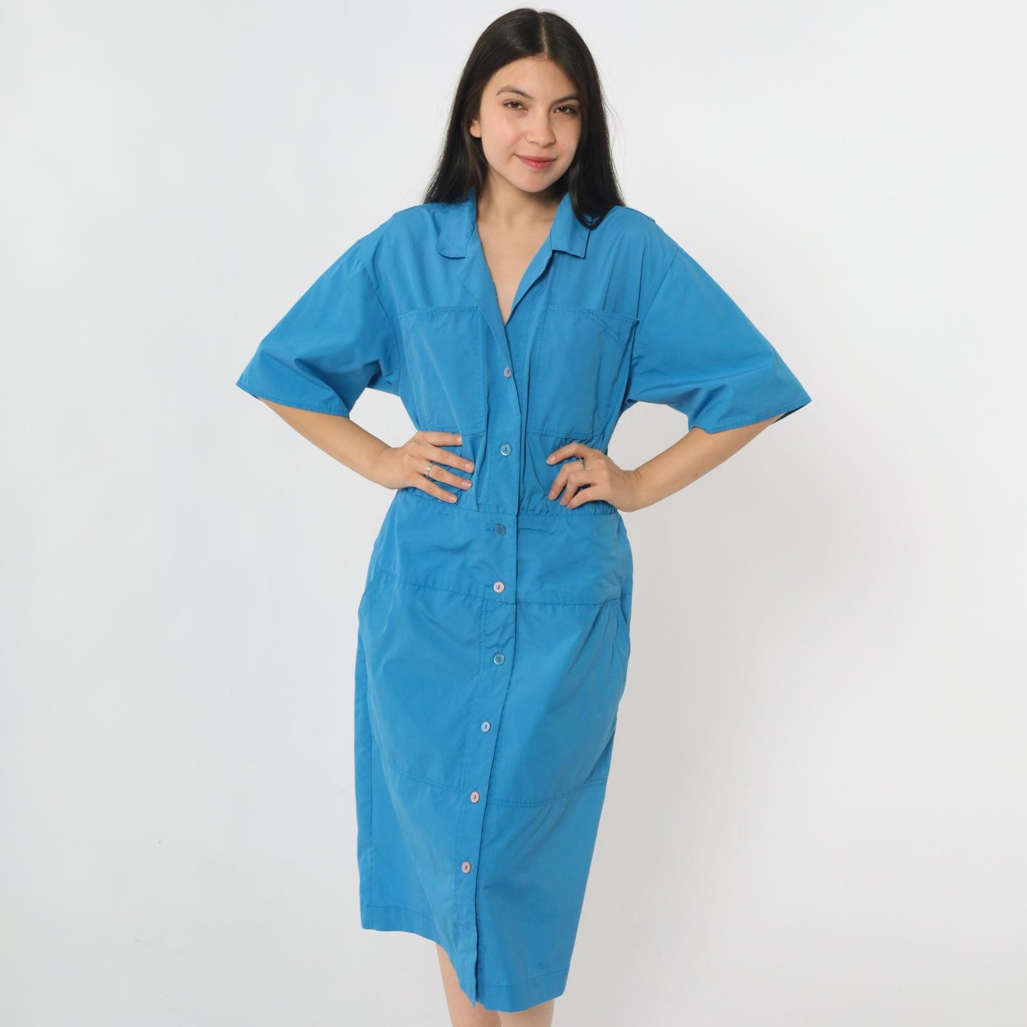 80s Blue Midi Shirt Dress Chest Pockets Half Sleeve Collared Medium