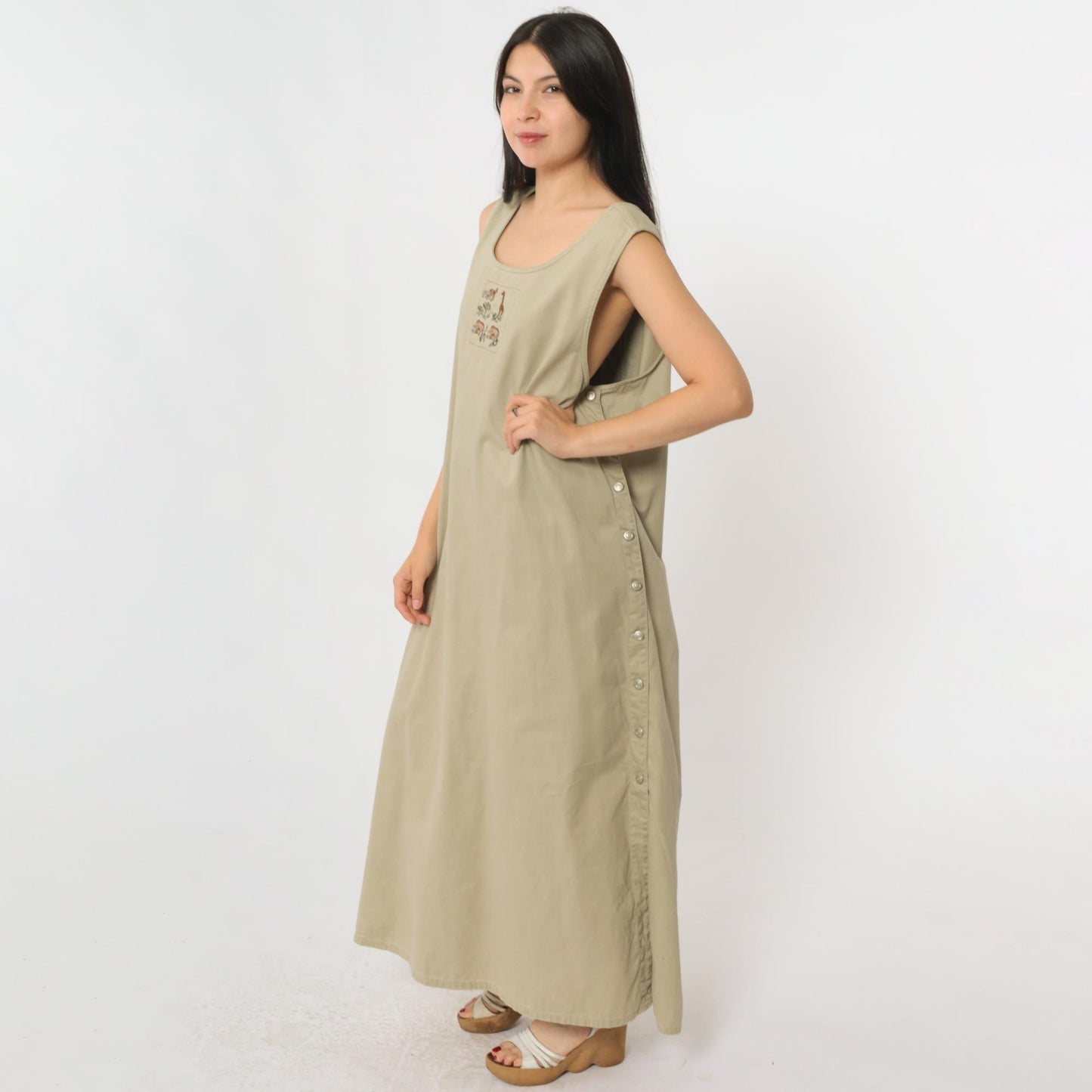 90s Safari Jumper Dress Khaki Embroidered Animals Maxi Sleeveless Extra Large XXL