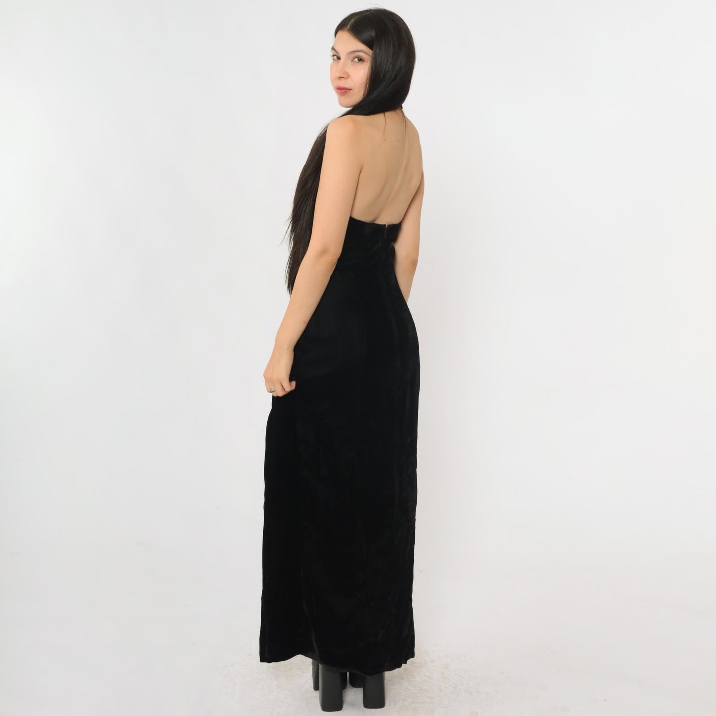 90s Hugo Buscati Milano Black Velvet Beaded Halter Maxi Dress Open Back Small