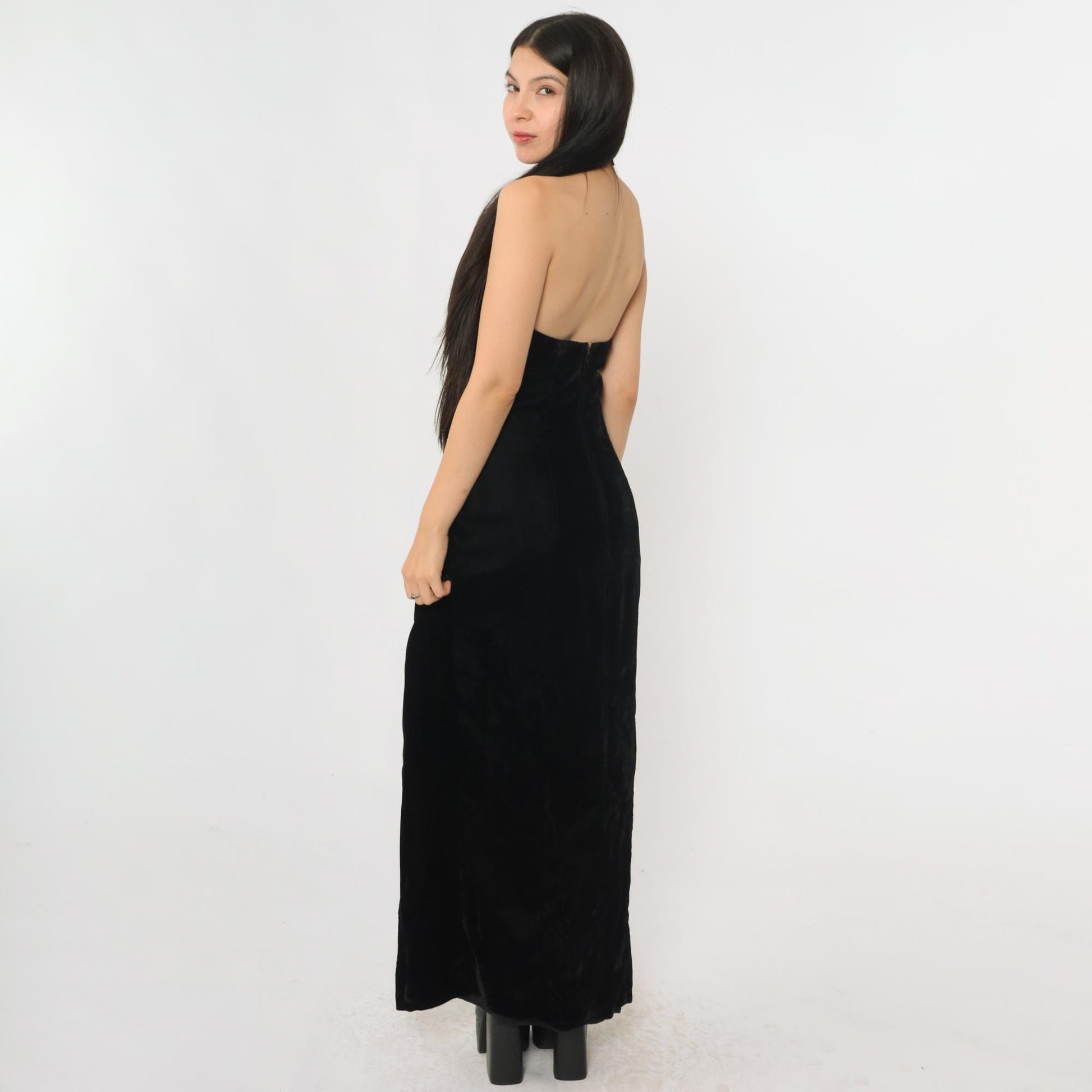 90s Hugo Buscati Milano Black Velvet Beaded Halter Maxi Dress Open Back Small