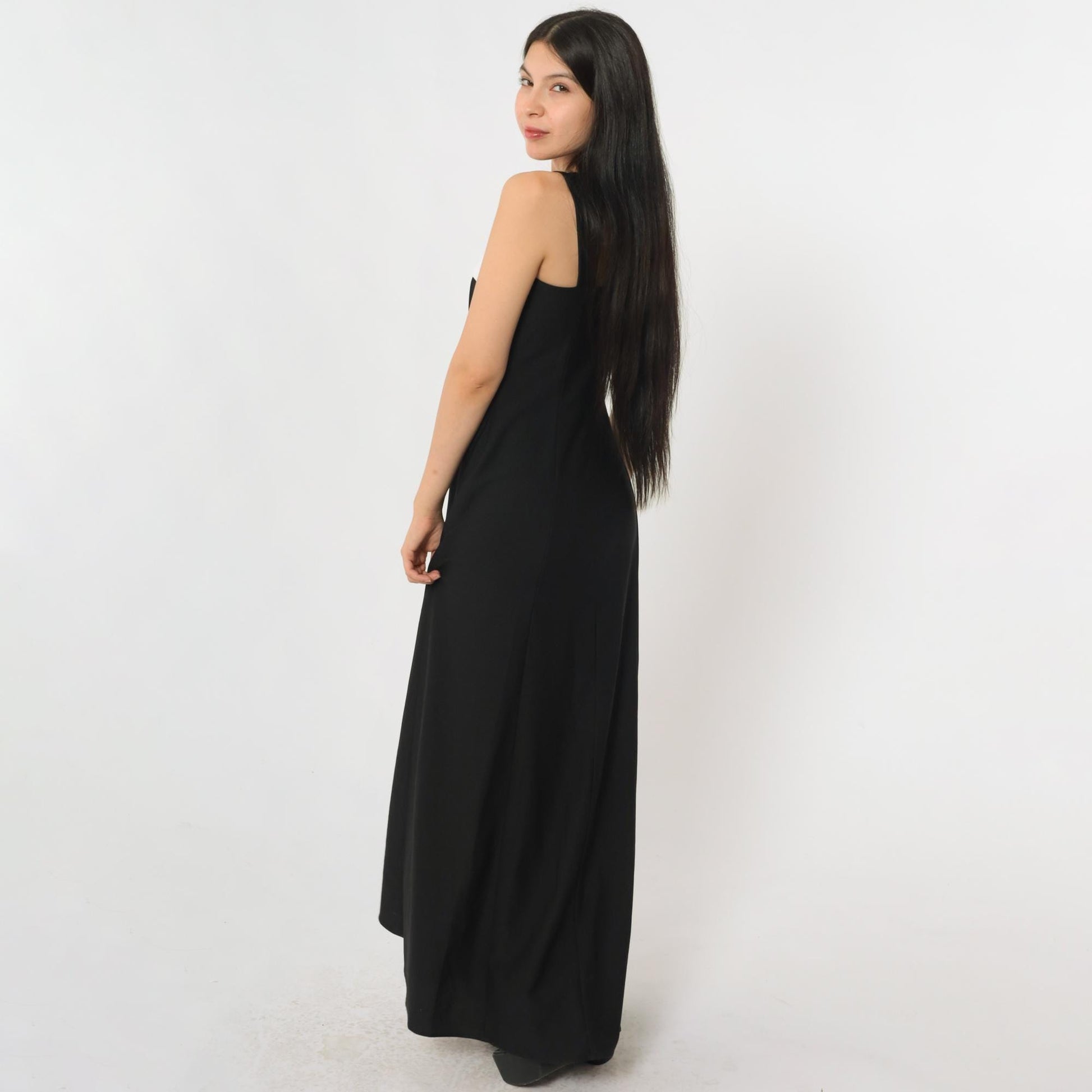 Y2K Black Maxi Dress White Chest Panel Square Neck Sleeveless Extra Small