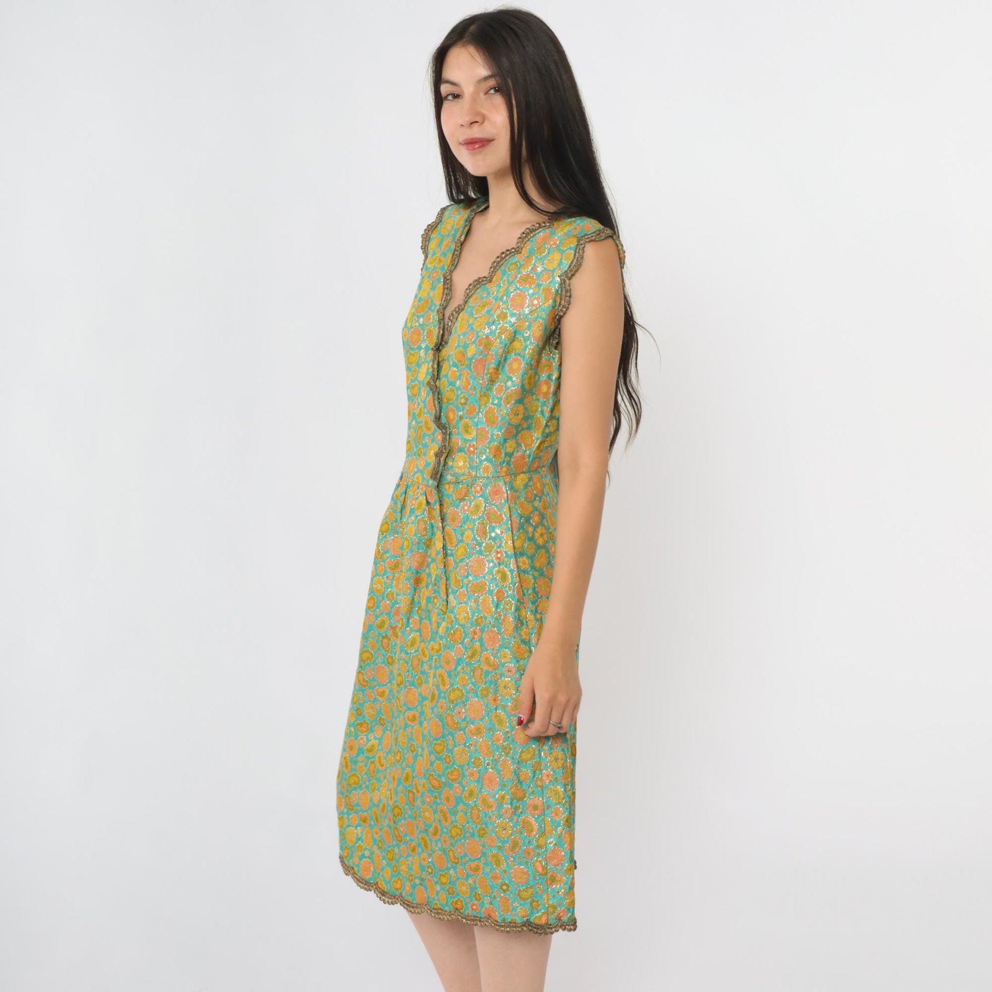 60s Oscar de la Renta Turquoise Brocade Dress Metallic Floral V Neck Small