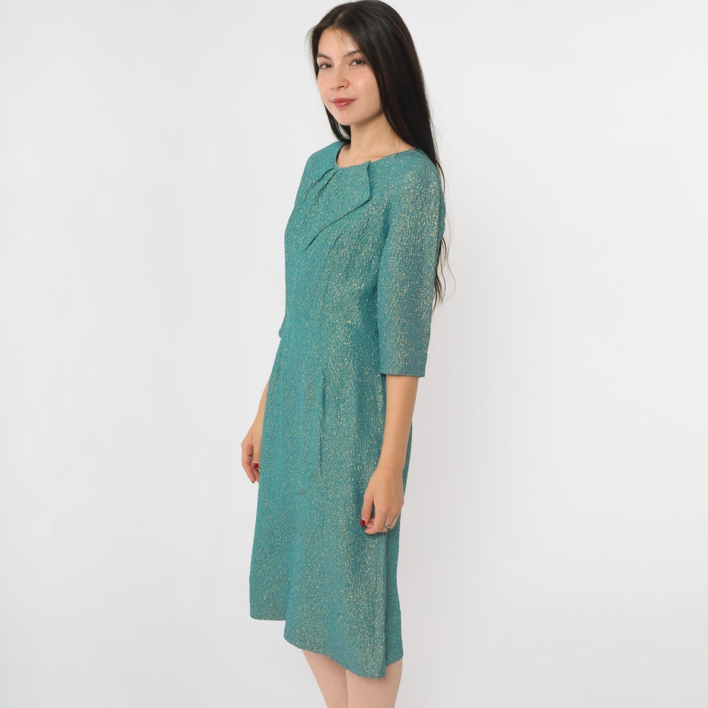 60s Metallic Gold Blue Sheath Dress Half Sleeve High Waist Knee Length Medium 8