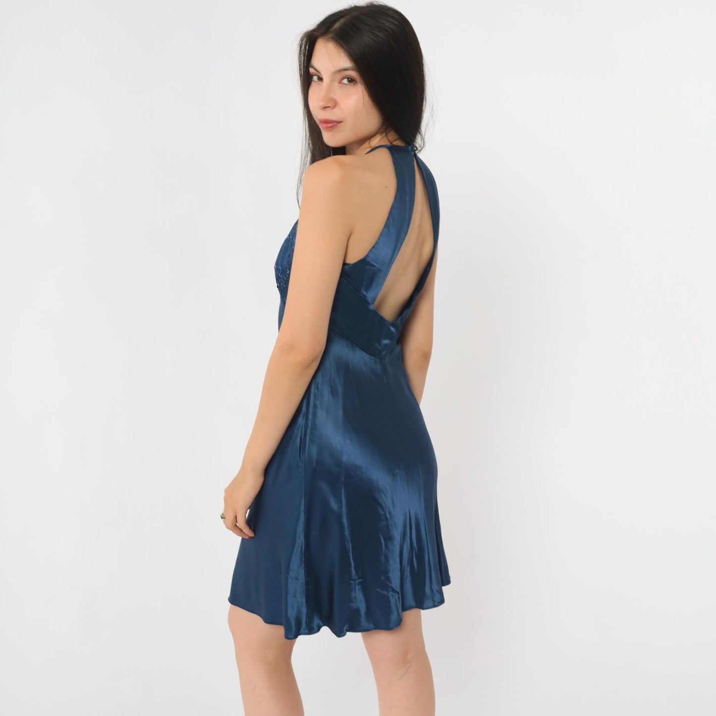 90s Zum Zum Midnight Blue Sequin Floral Halter Mini Dress Small