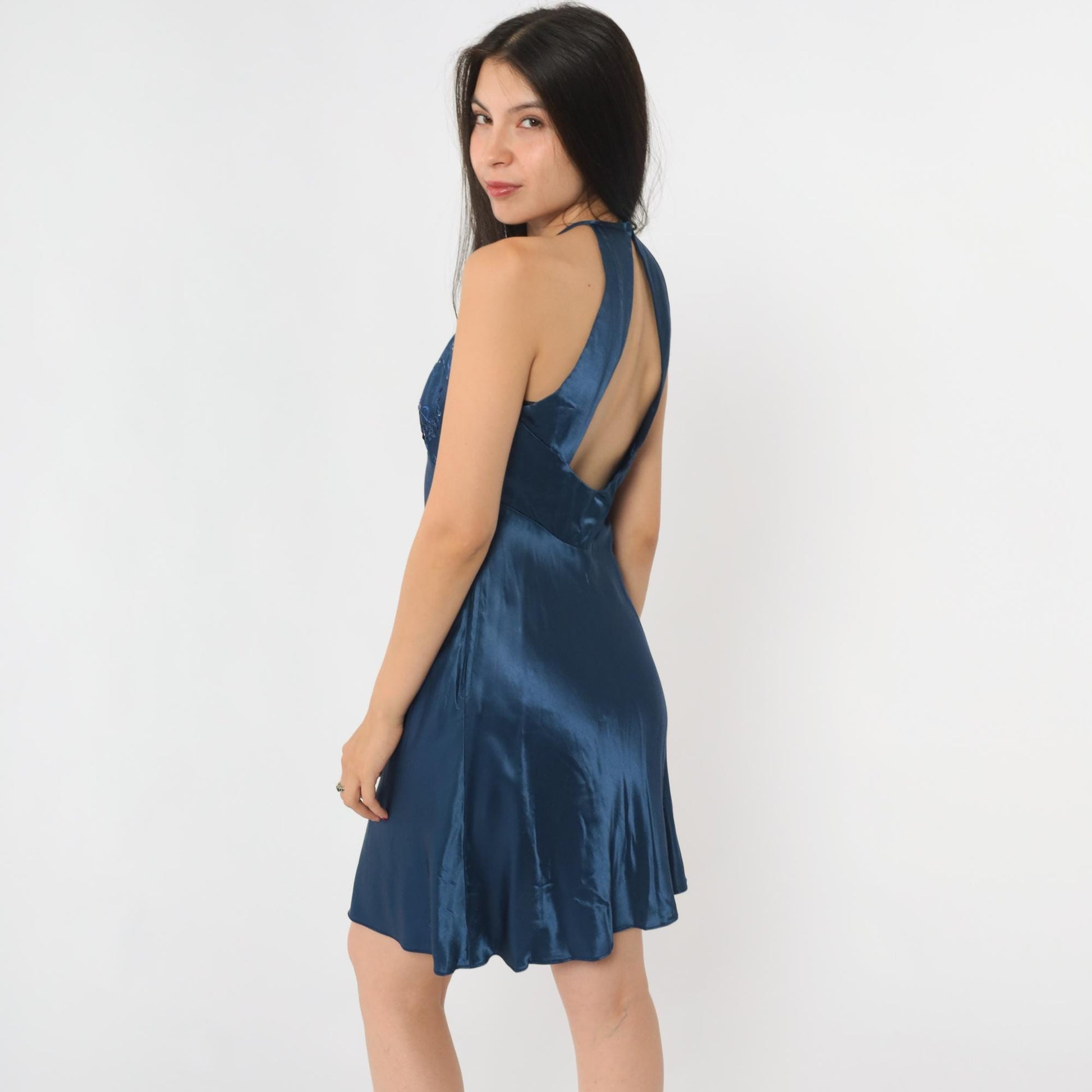 90s Zum Zum Midnight Blue Sequin Floral Halter Mini Dress Small