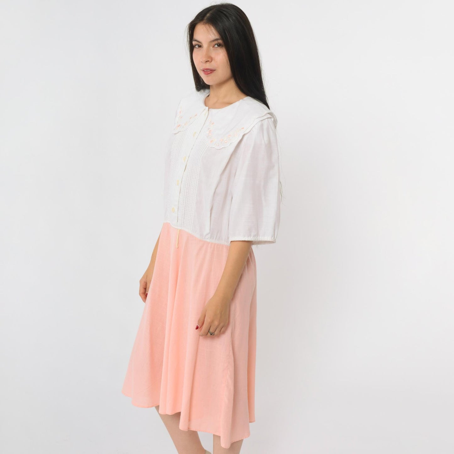 80s Leslie Fay Peter Pan Collar Midi Dress White Peach Floral Embroidered Extra Large