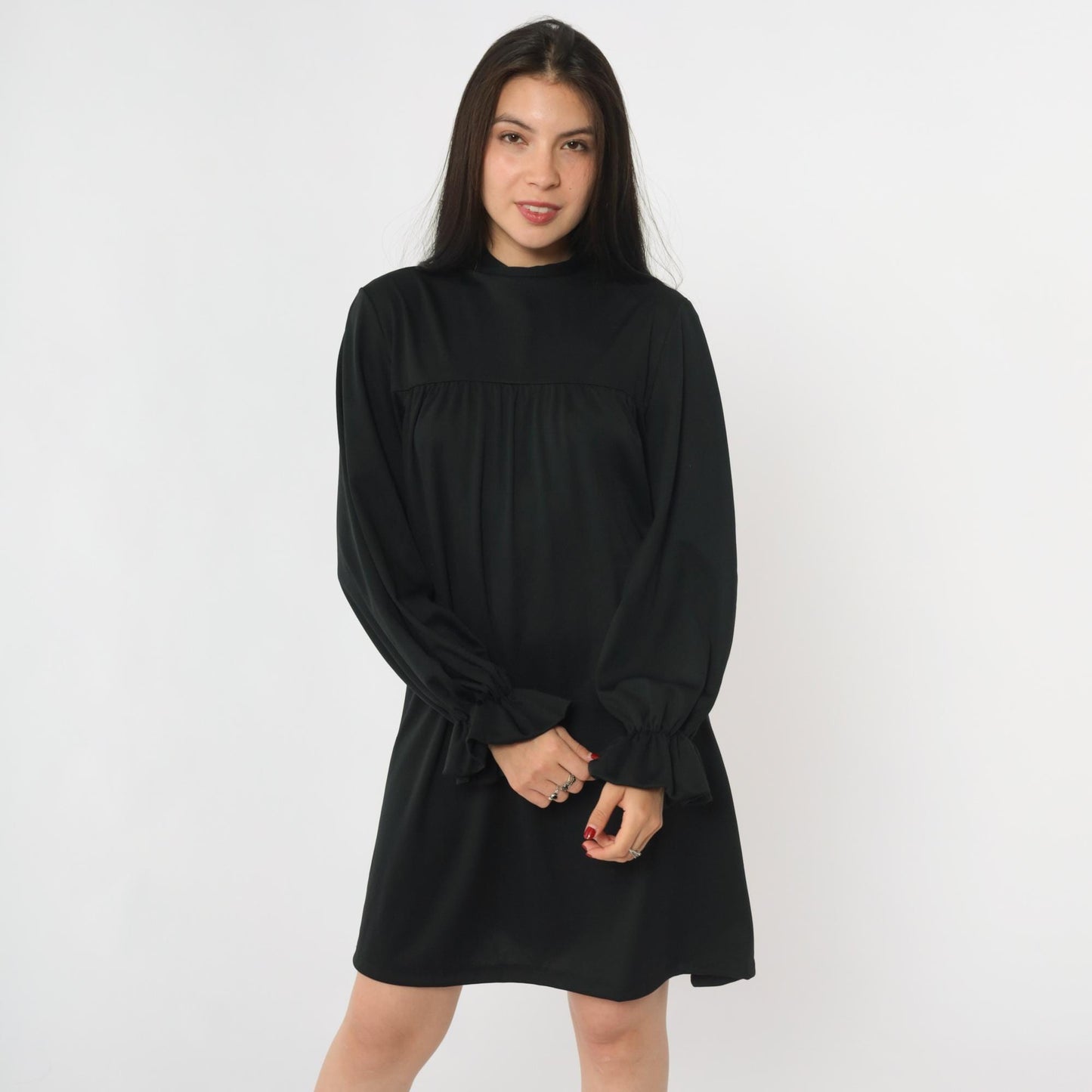 70s Black Tent Mini Dress Mock Neck Ruffled Long Sleeve Small
