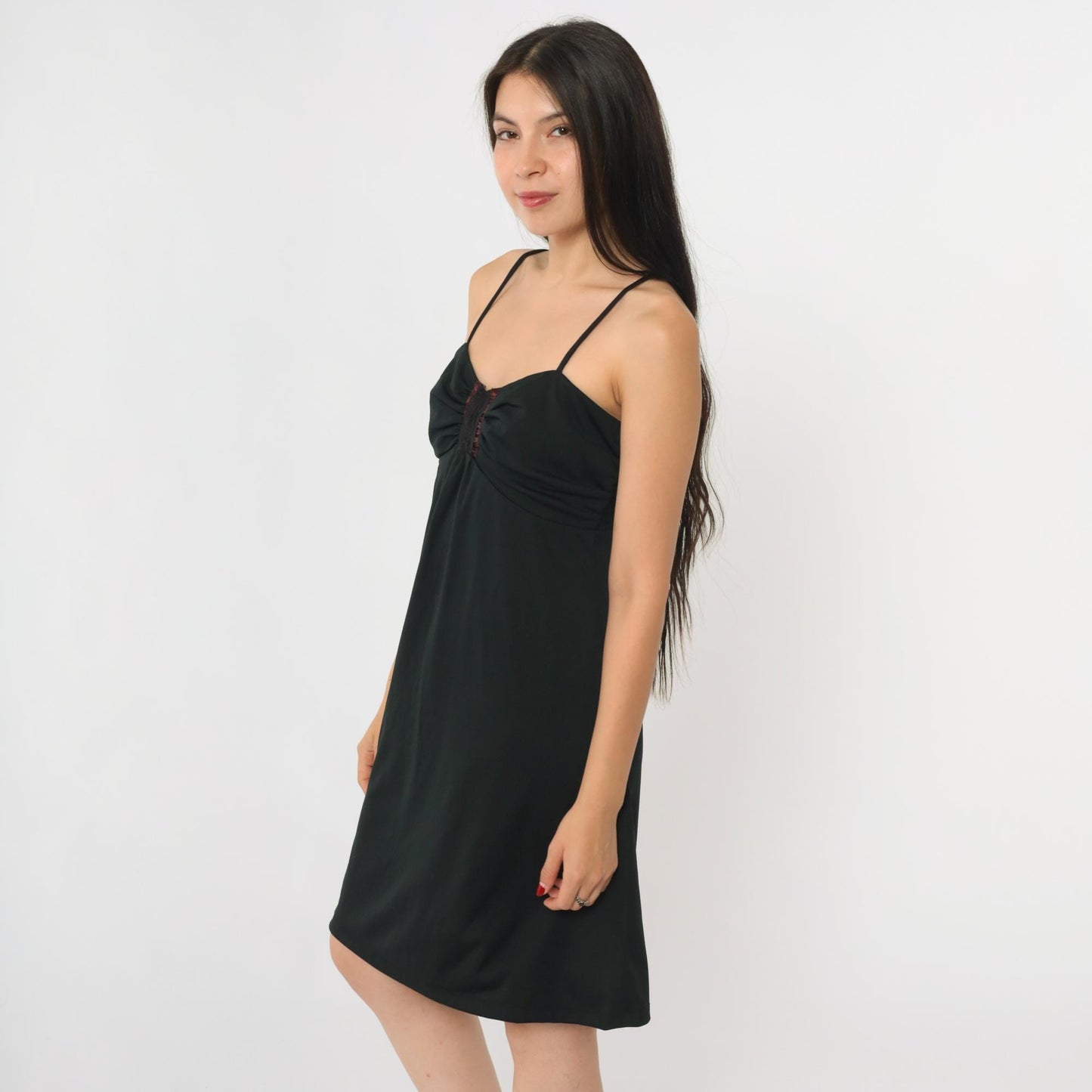 70s Black Mini Dress Empire Waist Lace Trim Spaghetti Strap Medium