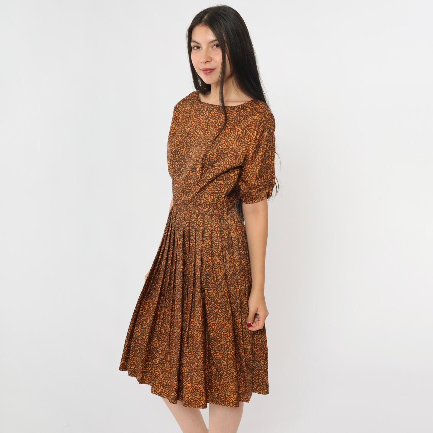 60s Geometric Mosaic Print Dress Brown Orange Bateau Neckline Midi Small