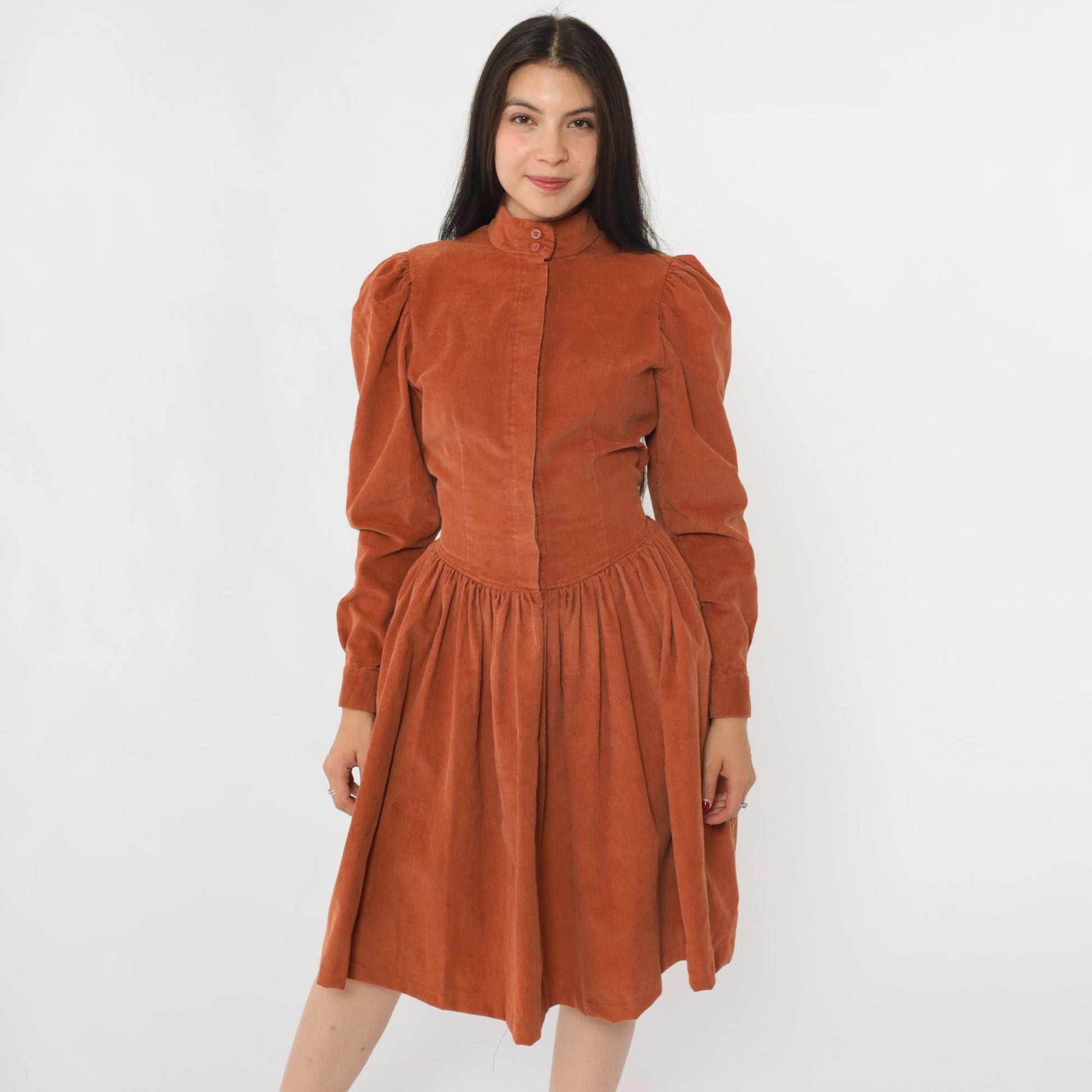 80s Rust Corduroy Midi Dress High Neck Puff Sleeve Fitted Waist Small