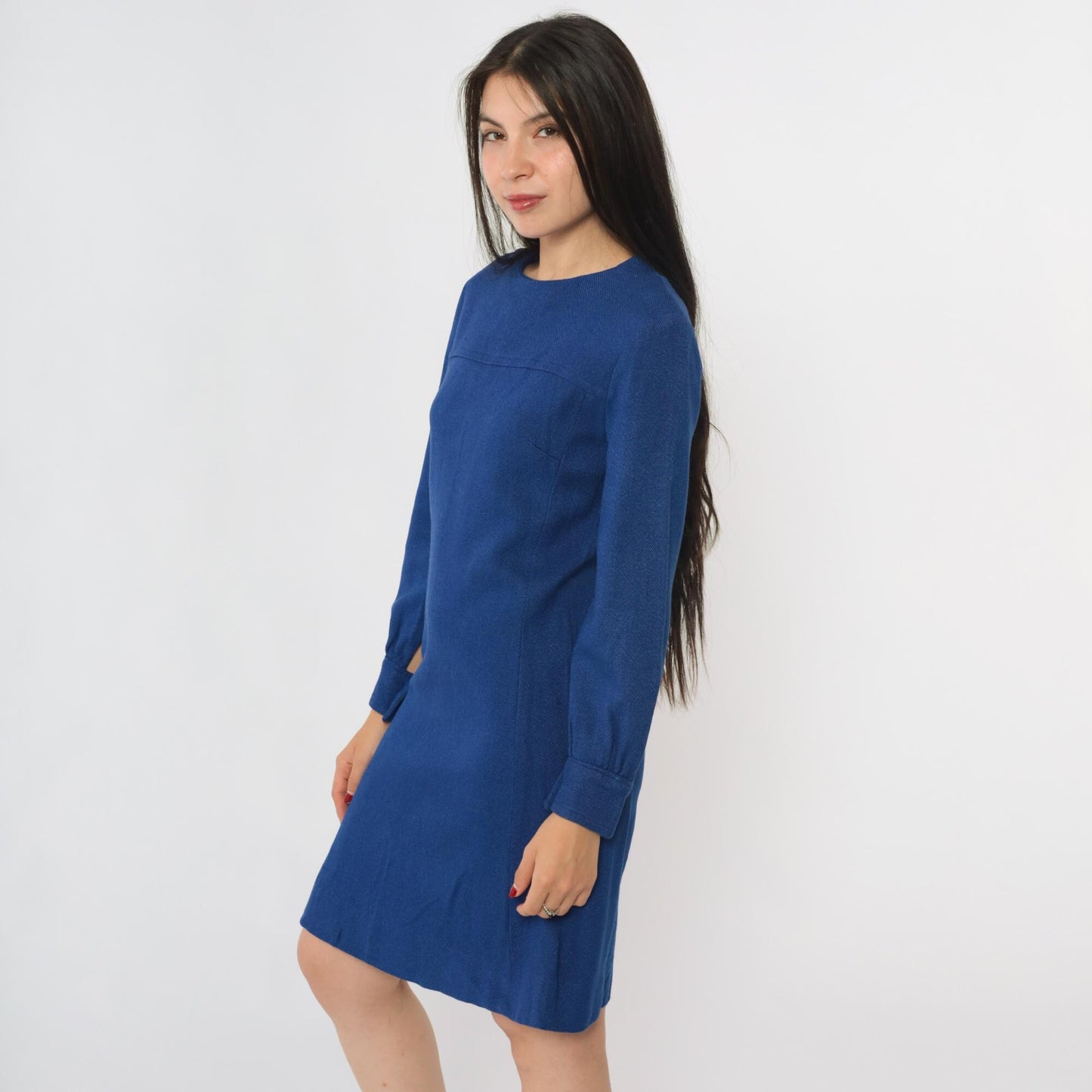 60s Blue Mod Shift Mini Dress Long Sleeve Rear Zip Extra Small