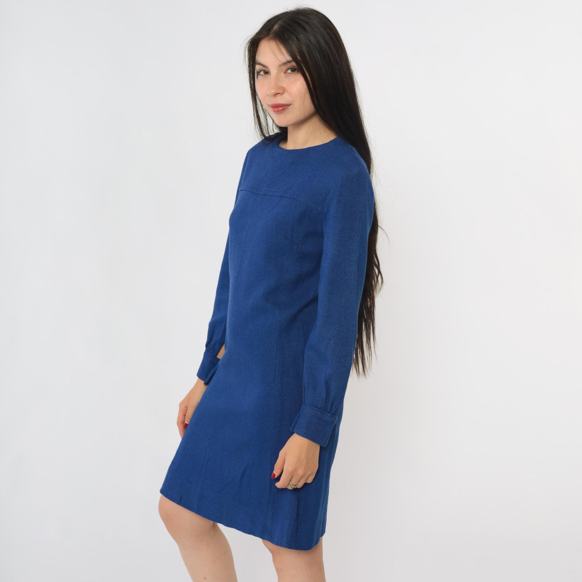 60s Blue Mod Shift Mini Dress Long Sleeve Rear Zip Extra Small