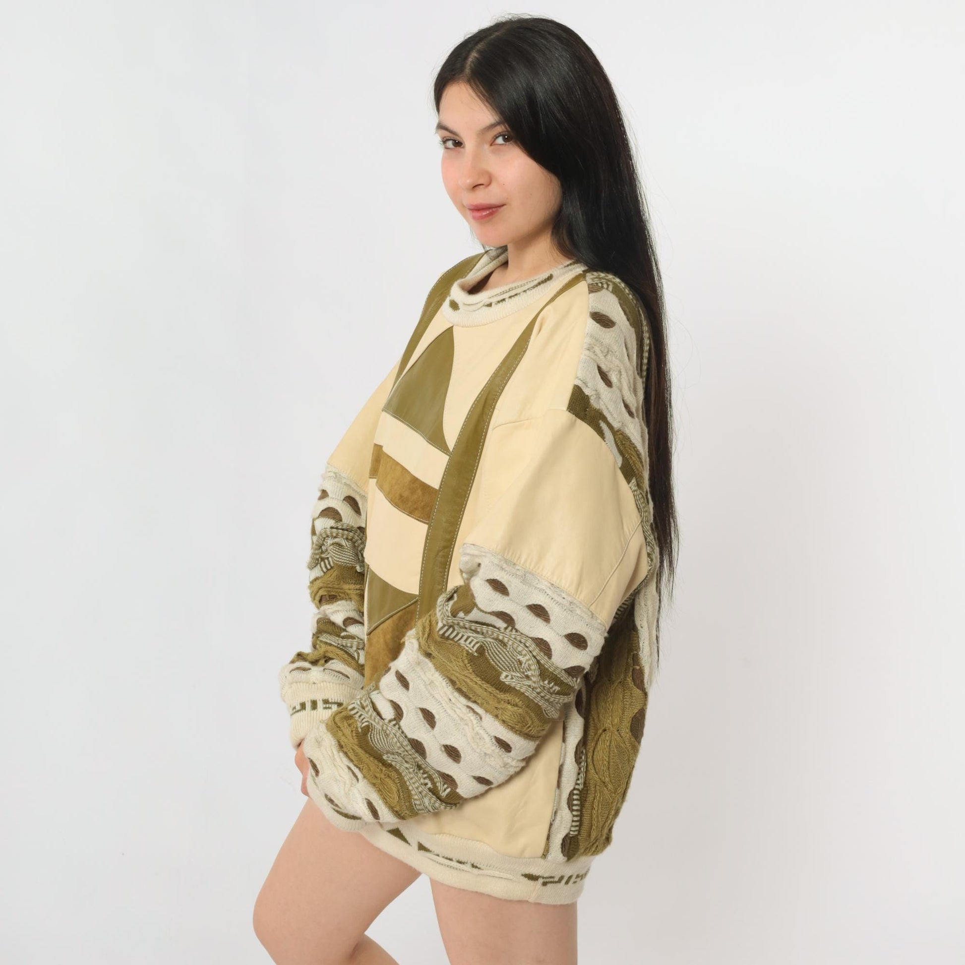 80s Patchwork Leather Sweater Cream Geometric Crewneck Large L