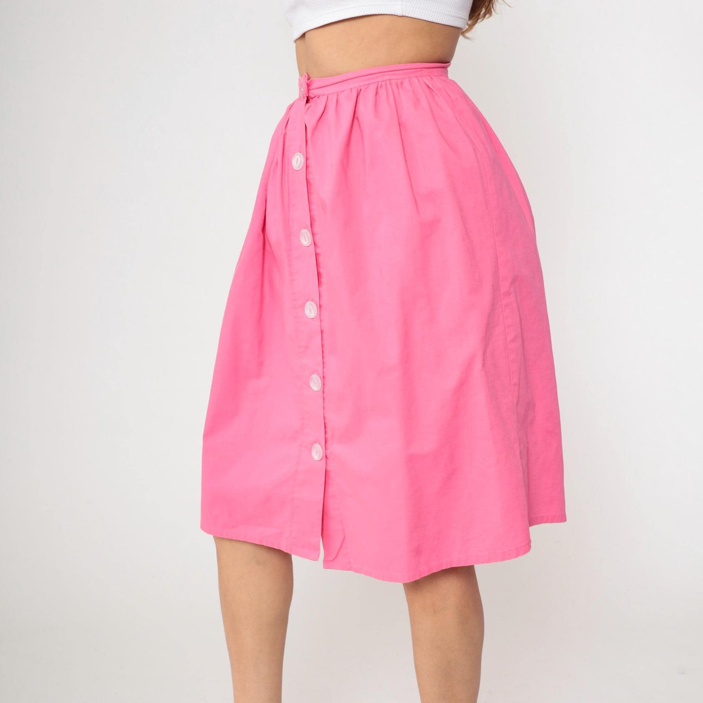 80s Bright Pink Button-Up Midi Skirt High Waist Gathered Small