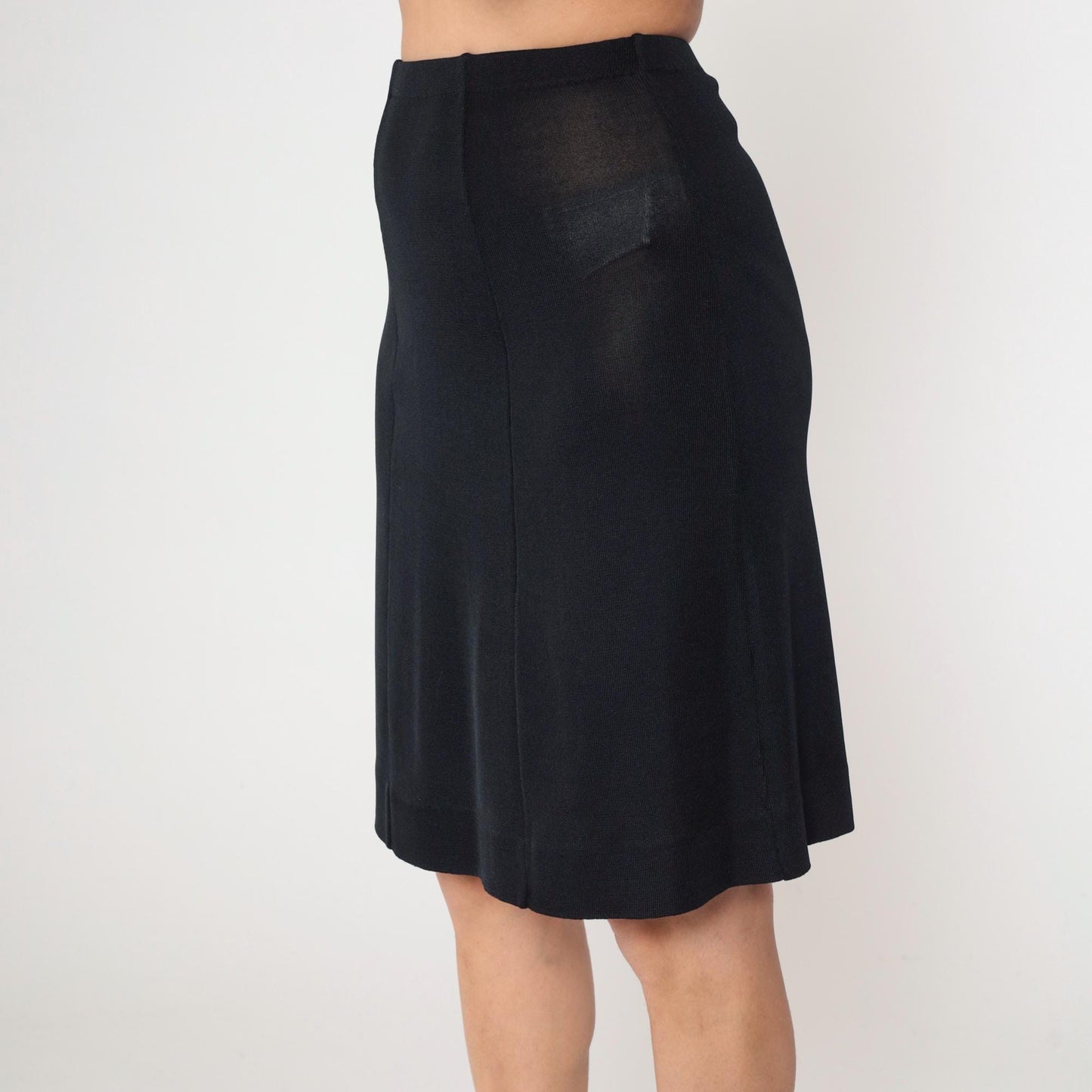 70s Black Knit Pencil Skirt High Waist Knee Length Extra Small