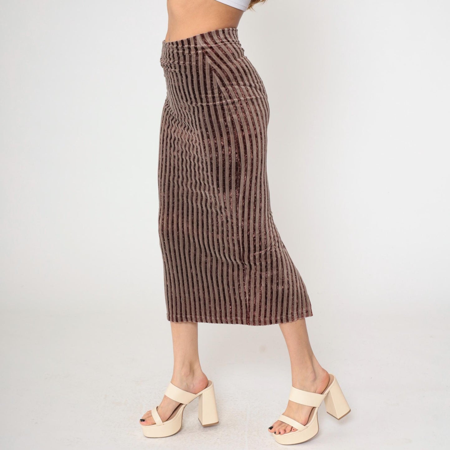 90s Brown Striped Velvet Midi Skirt High Waist Bodycon Pencil Medium