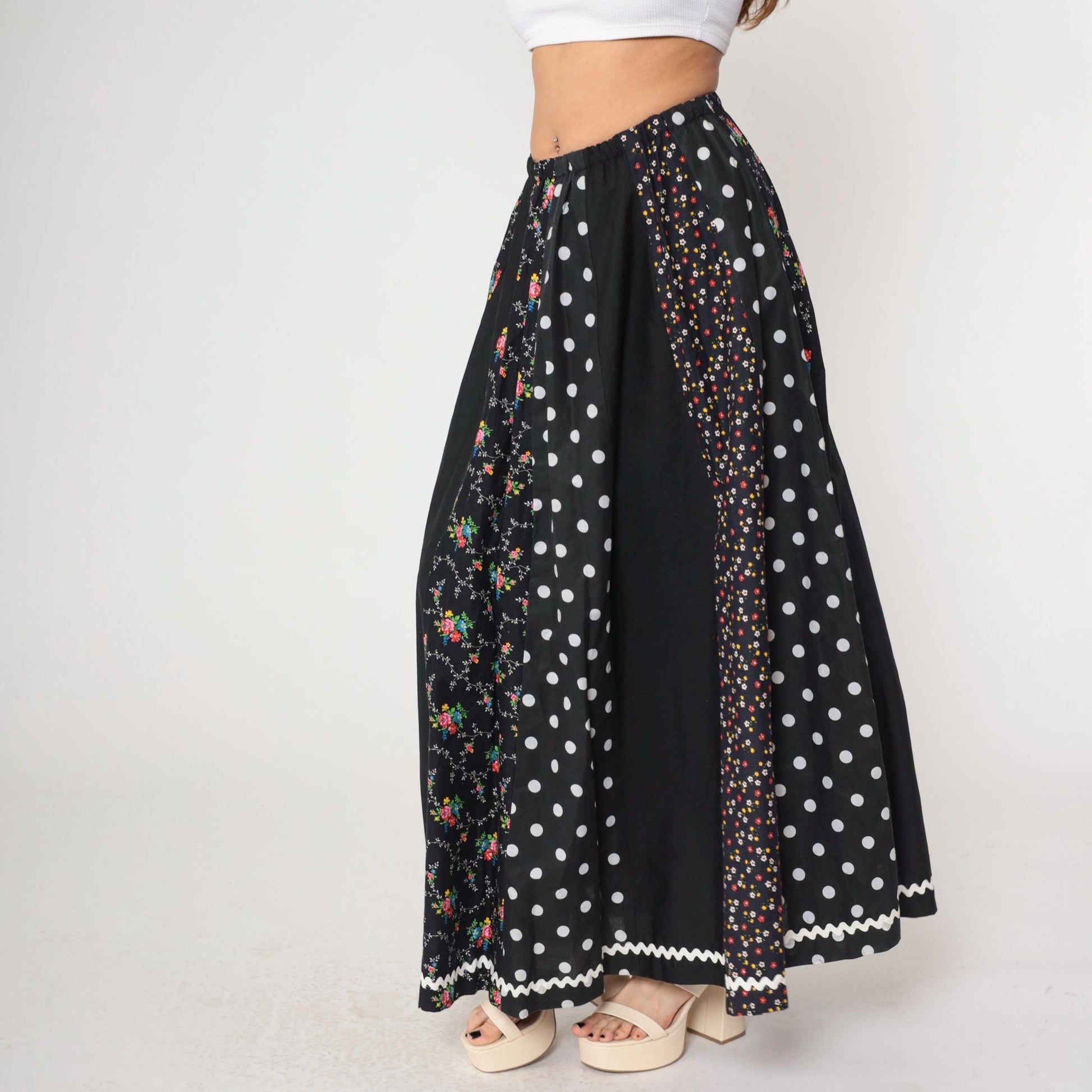 70s Carefree Fashions Floral Patchwork Maxi Skirt Black Ric-Rac High Waist Small Medium