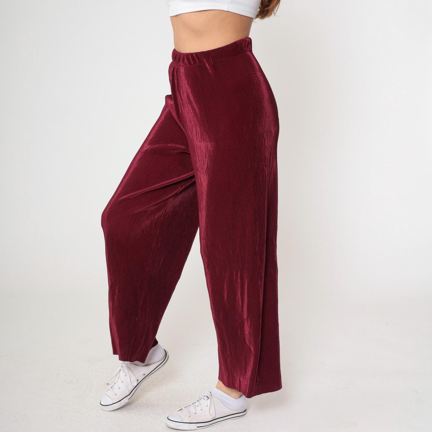 90s Burgundy Wide Leg High Waist Pants Ribbed Texture Medium M