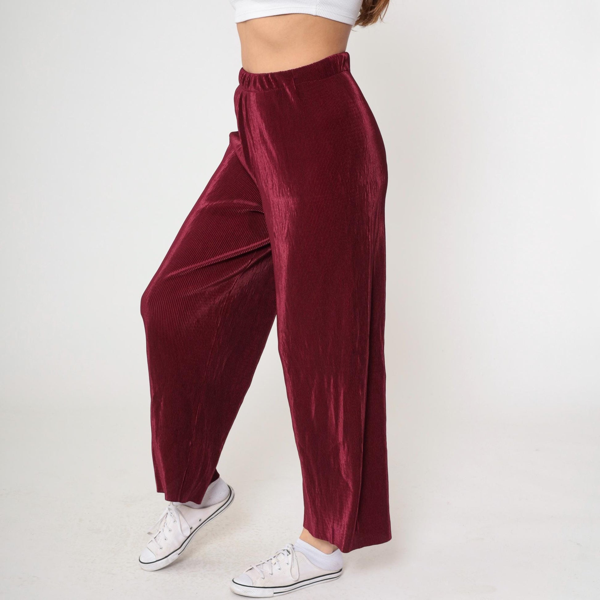 90s Burgundy Wide Leg High Waist Pants Ribbed Texture Medium M