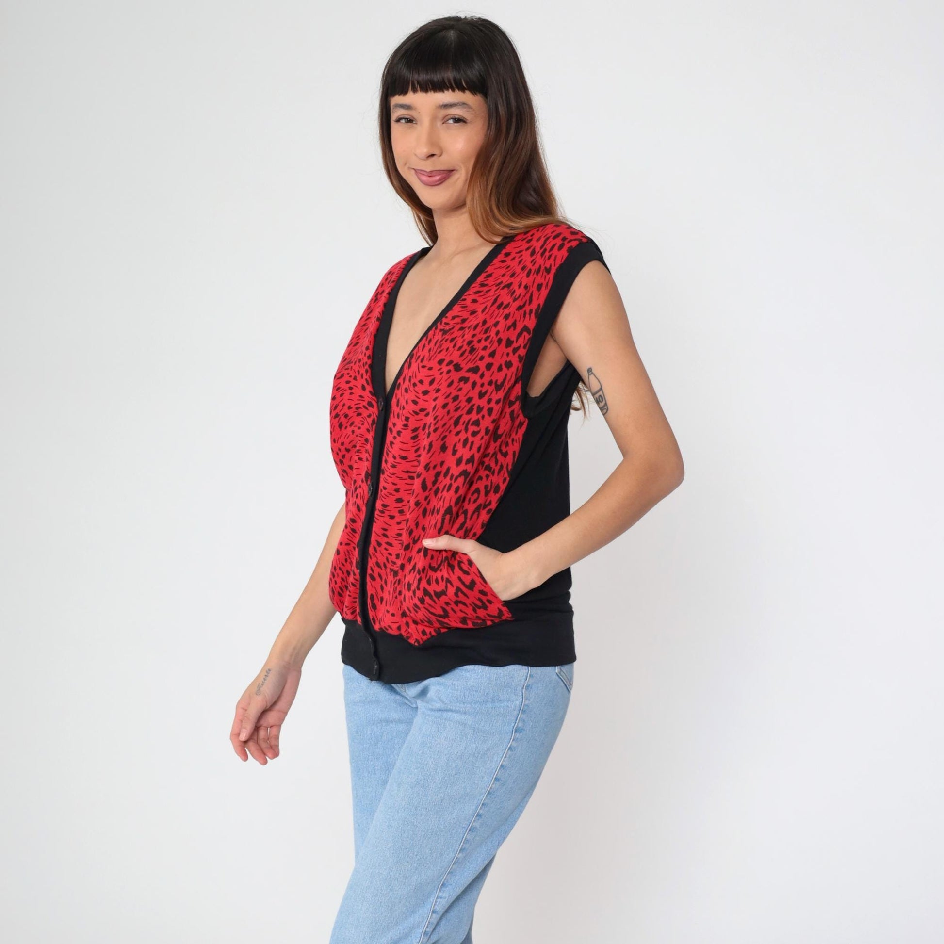 80s C'est George Red Leopard Print Vest V-Neck Sleeveless Button-Up Large L