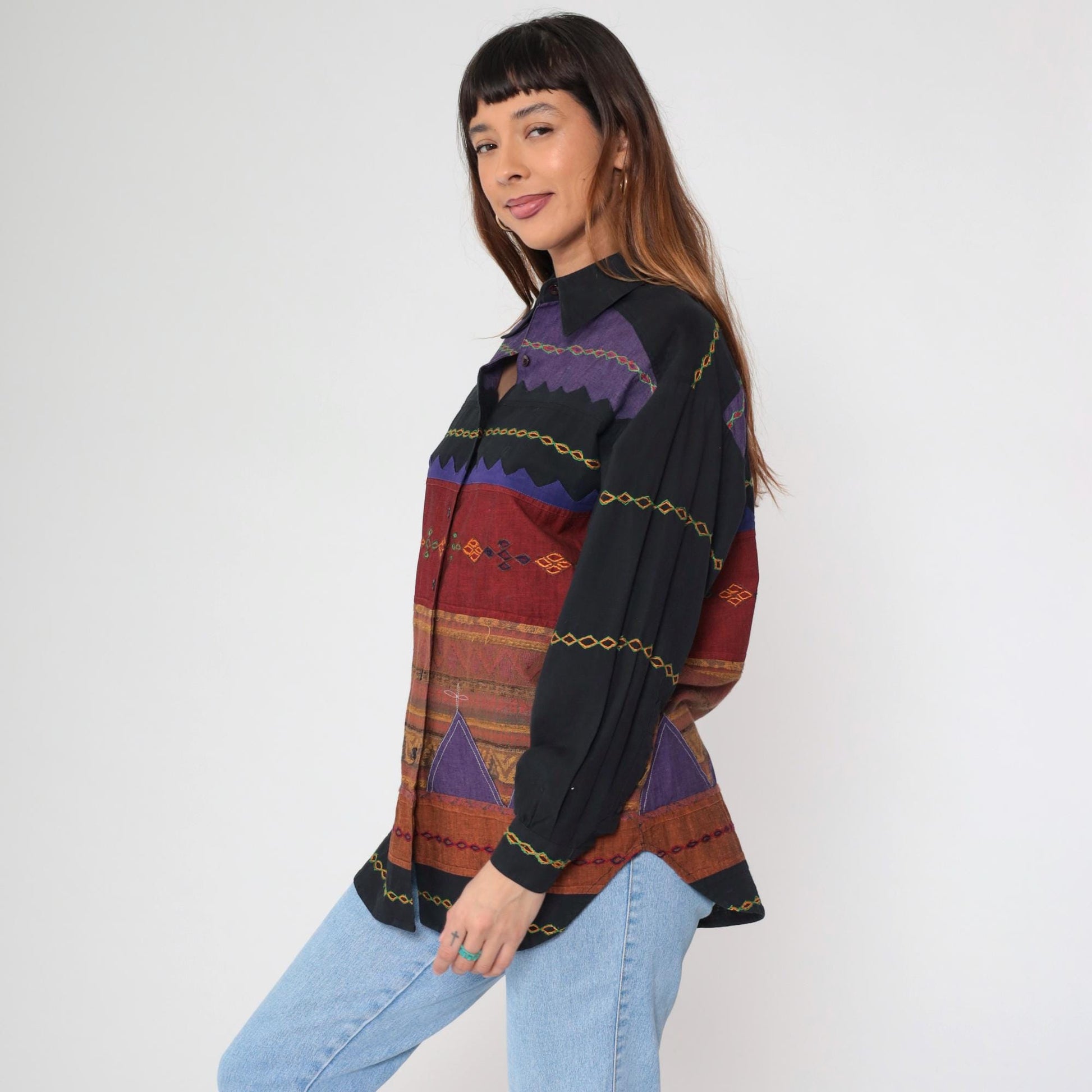 90s Sandy Starkman Geometric Patchwork Button Up Shirt Black Cotton Small