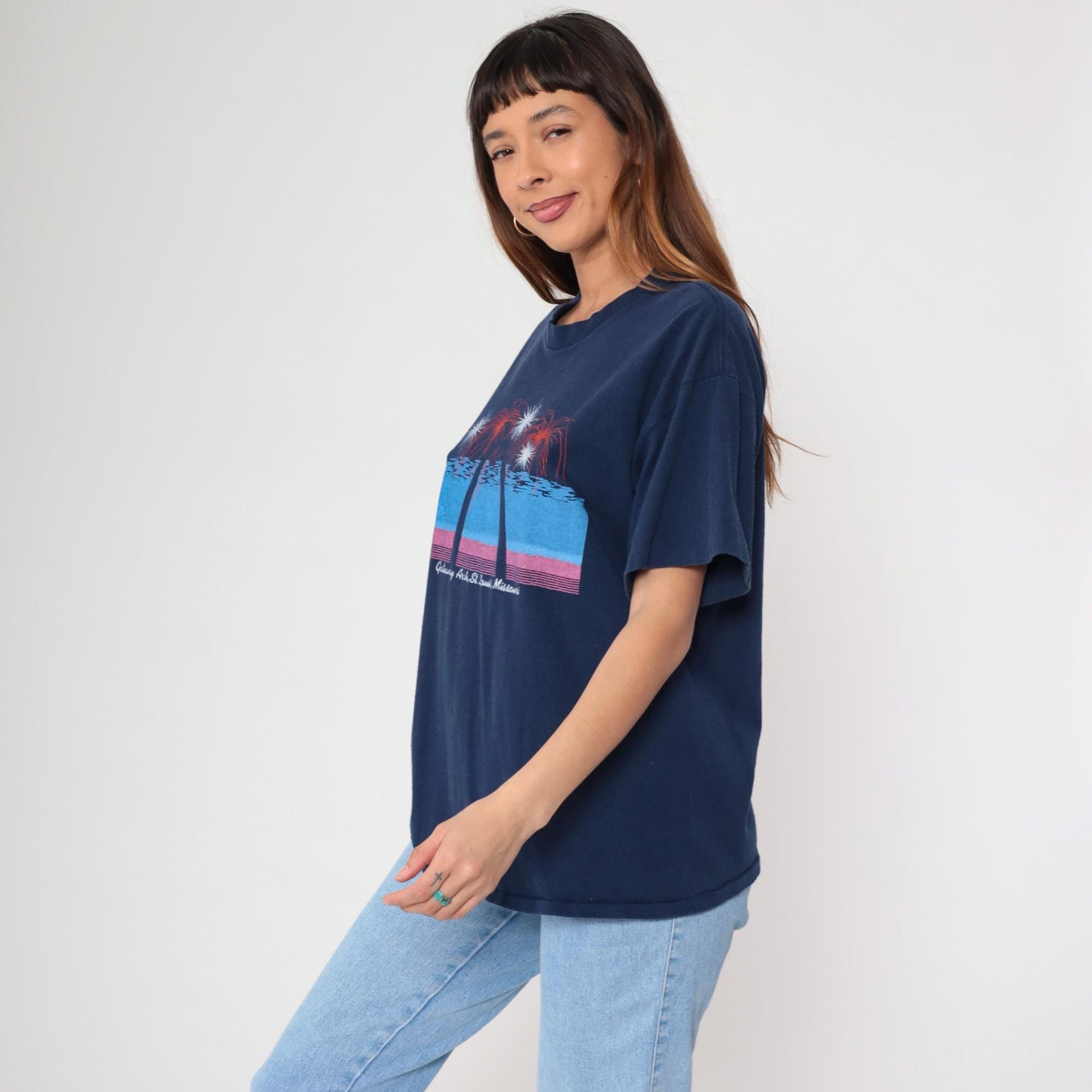 80s Gateway Arch St. Louis Missouri Graphic T-Shirt Navy Single Stitch Large