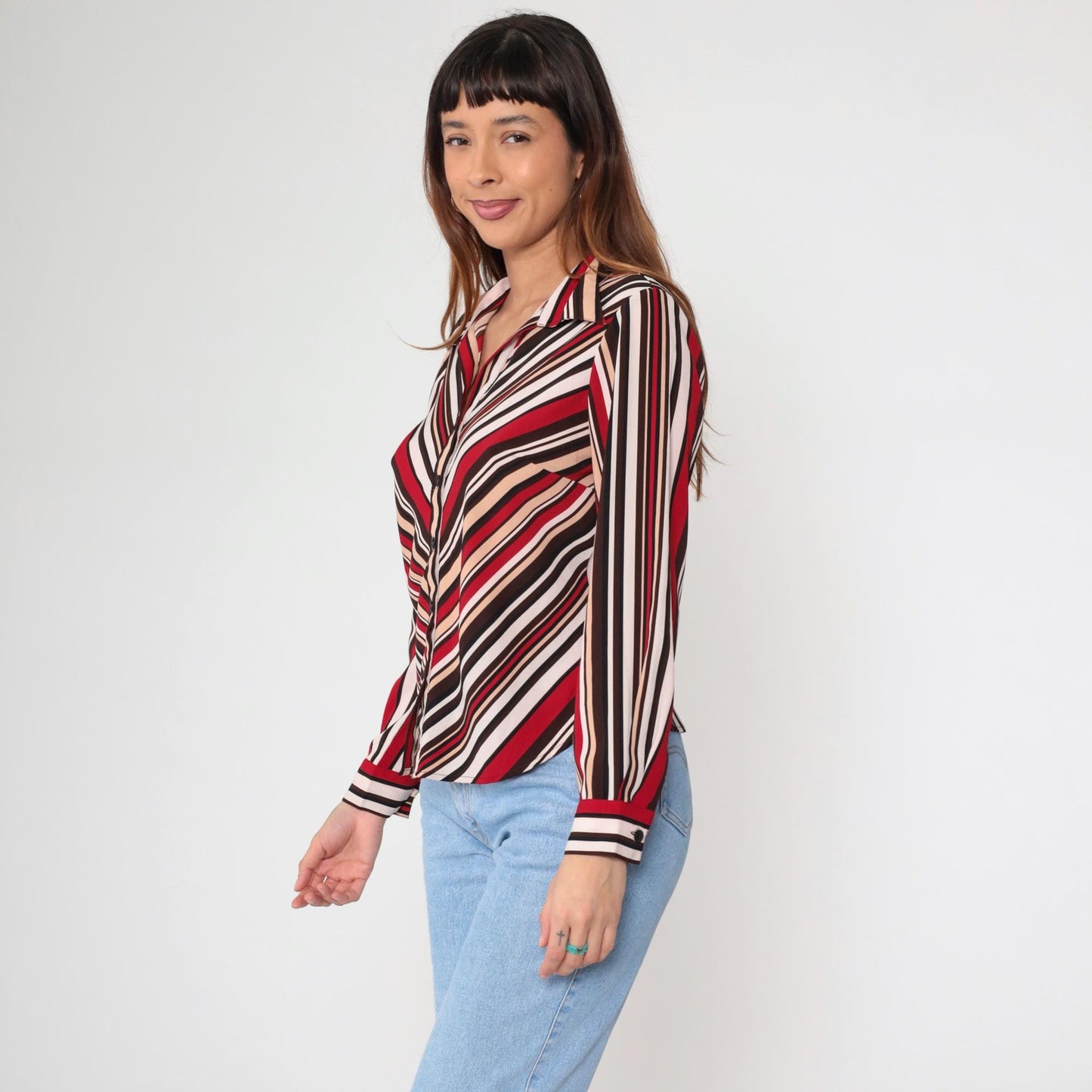 Y2K Chevron Stripe Button Up Blouse Red Brown Tan White Long Sleeve Small S