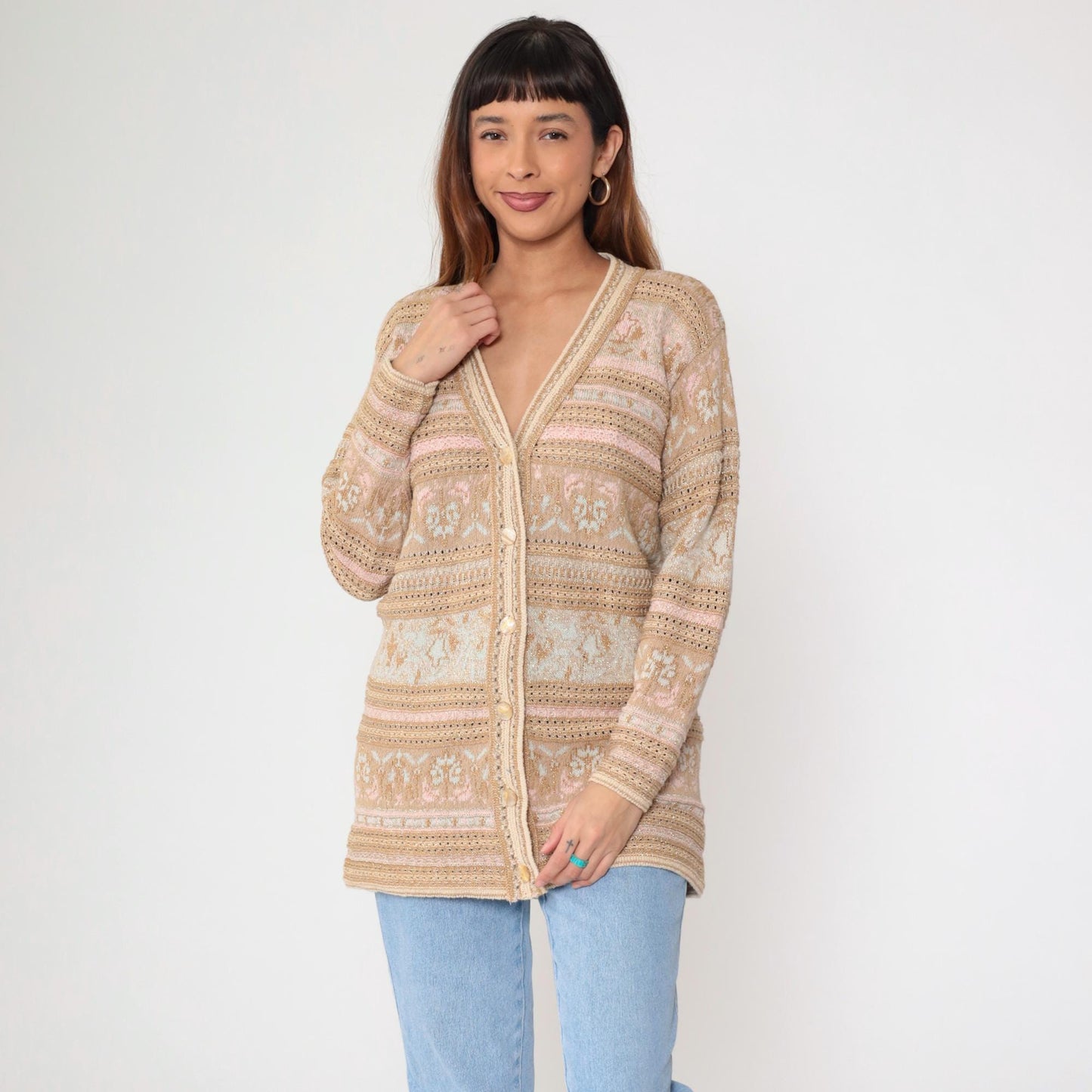 90s Lizsport Gold Floral Cardigan Sweater Tan Metallic Knit V Neck Small S