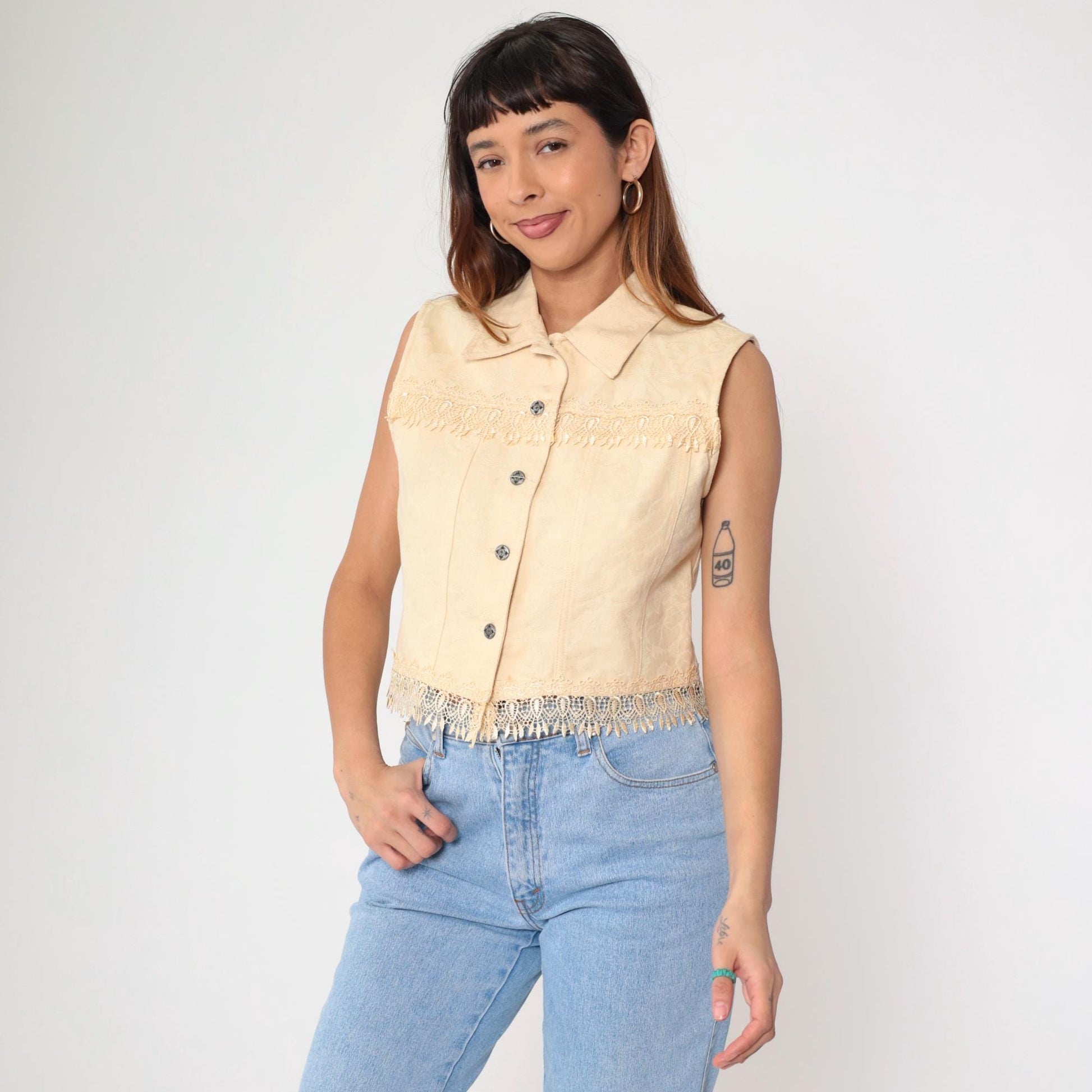 90s Cream Floral Jacquard Vest Cotton Button Up Cropped Medium M