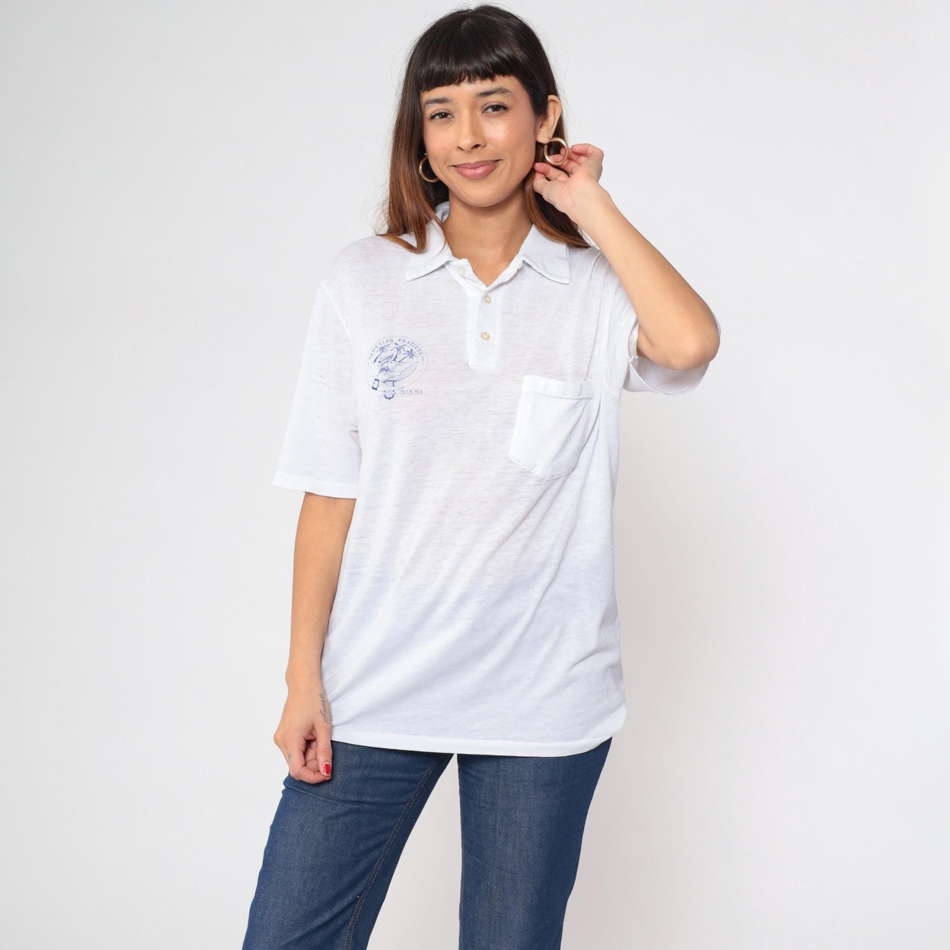 80s Stedman Miami Scottish Festival Polo Shirt White Burnout Alligator Large L