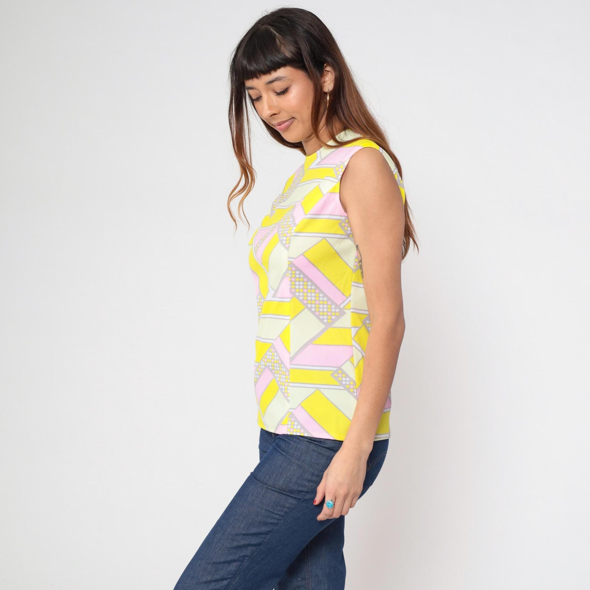 70s Geometric Tank Top Psychedelic Print Pink Yellow Sleeveless Medium M