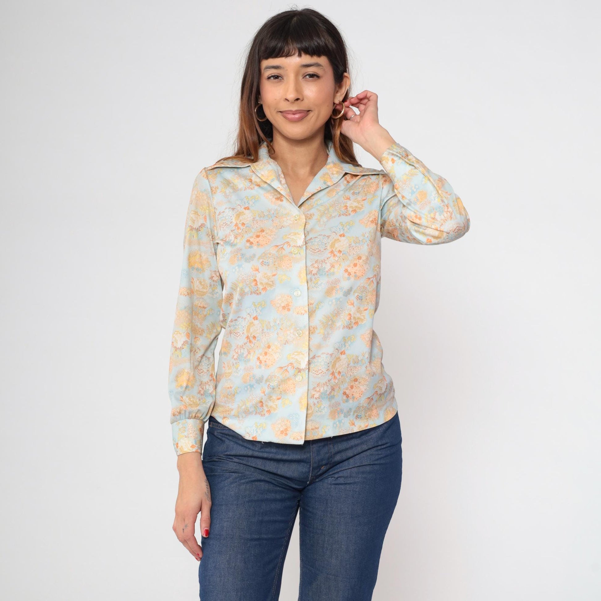 70s Sodi Floral Button-Up Blouse Blue Pointed Collar Long Sleeve Small