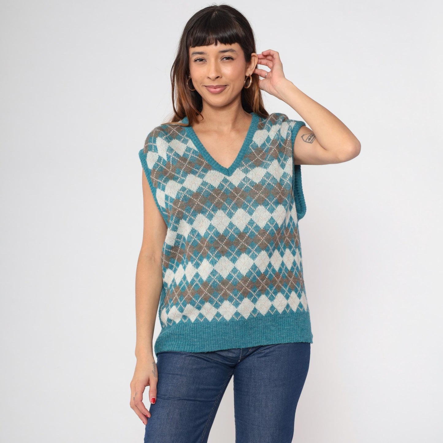 80s Turquoise Argyle Wool Acrylic Knit Vest V-Neck Sleeveless Large L