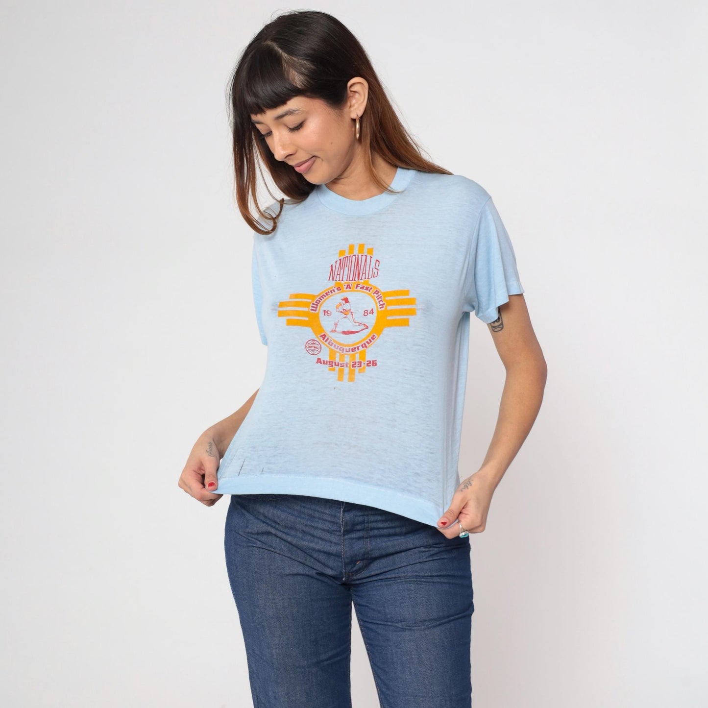 80s Albuquerque Women's A Fast Pitch Softball Graphic Tee Baby Blue Cropped Medium