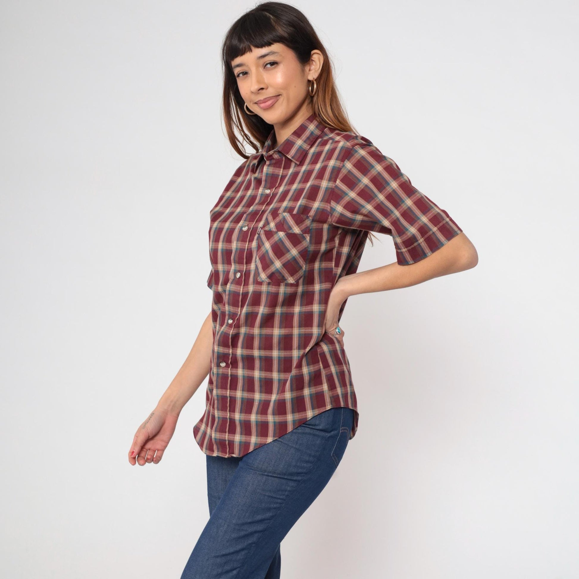 80s Levi's Plaid Button Up Shirt Burgundy Tan Checkered Short Sleeve Medium