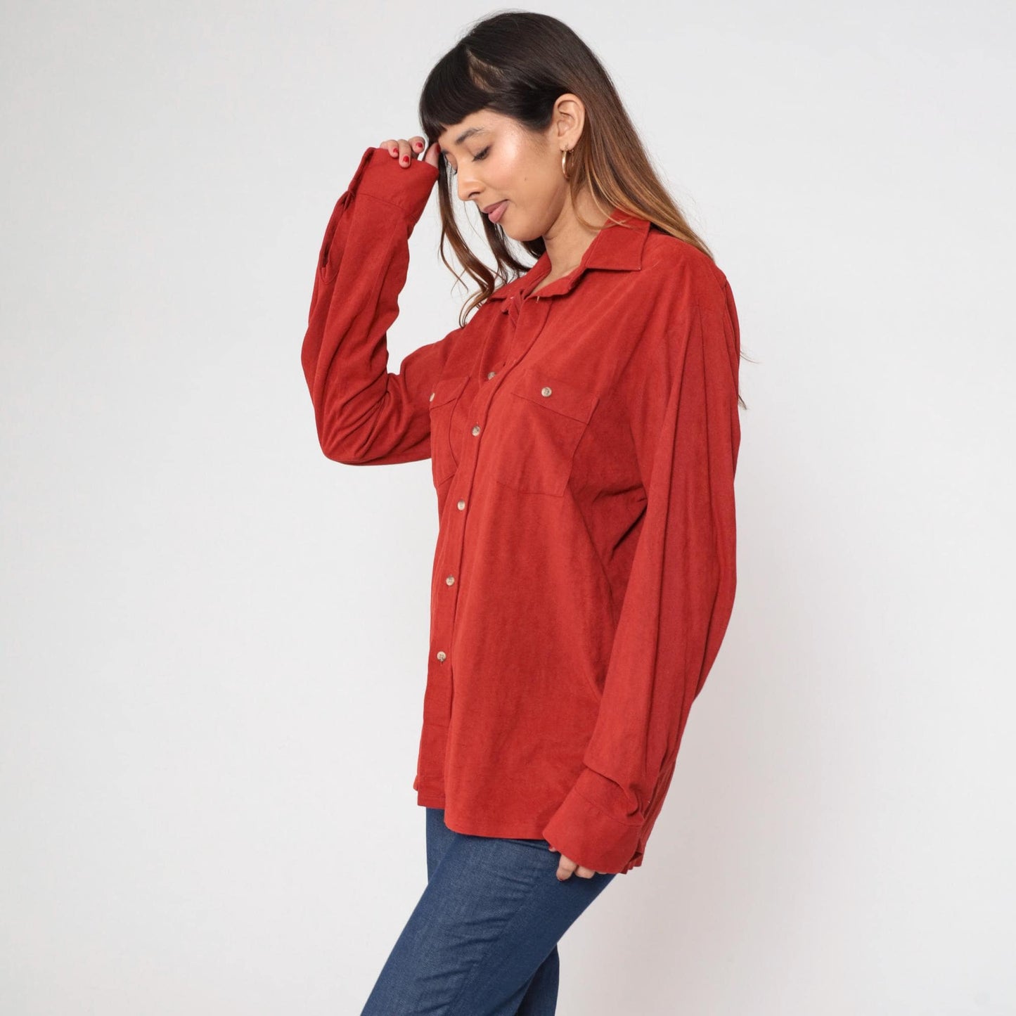 70s Prange's Rust Red Velour Button-Up Shirt Long Sleeve Collared Men's Large L