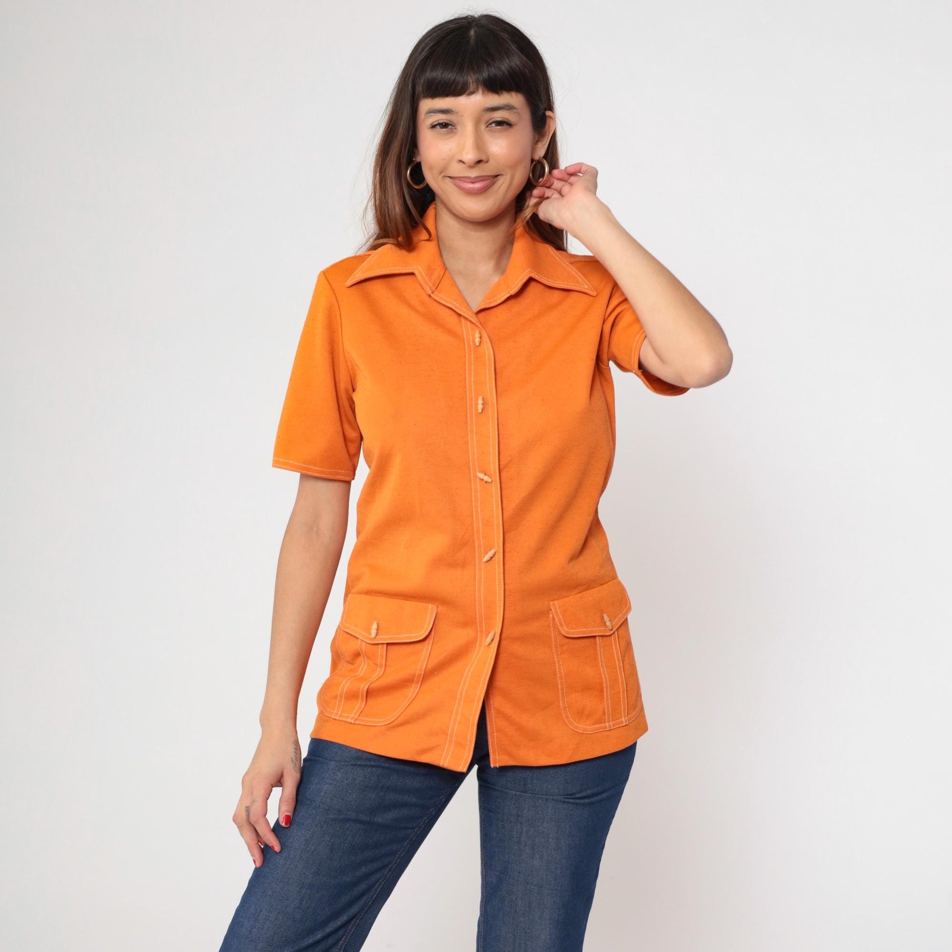 70s Koret of California Orange Button-Up Blouse Toggle Collar Short Sleeve Small