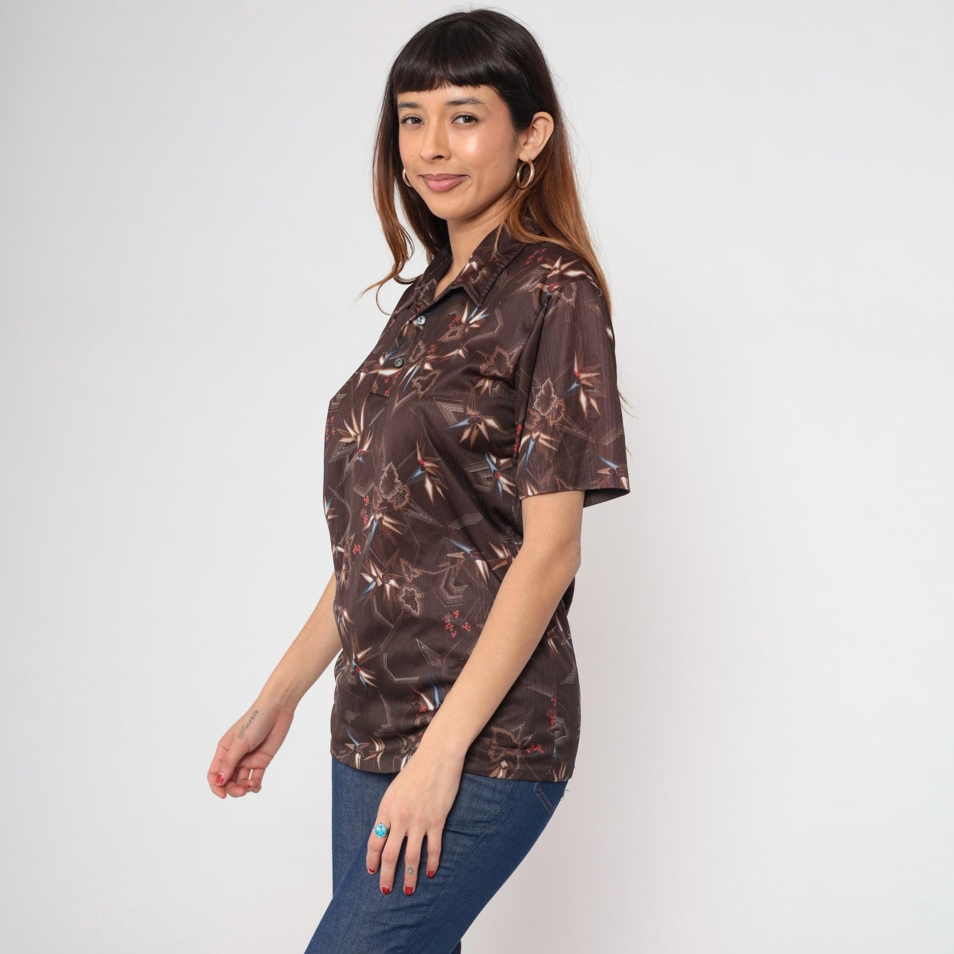 70s Stuart Mann Brown Geometric Print Button Up Shirt Dagger Collar Medium