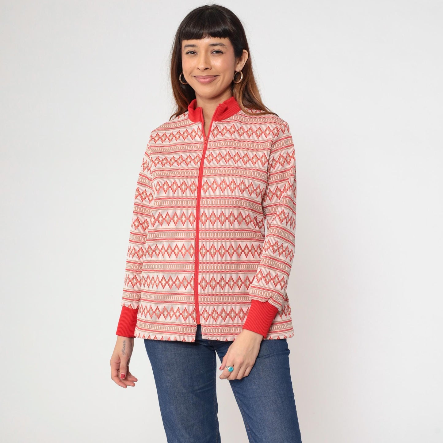 70s Geometric Striped Zip-Up Blouse Red Mock Neck Long Sleeve Large