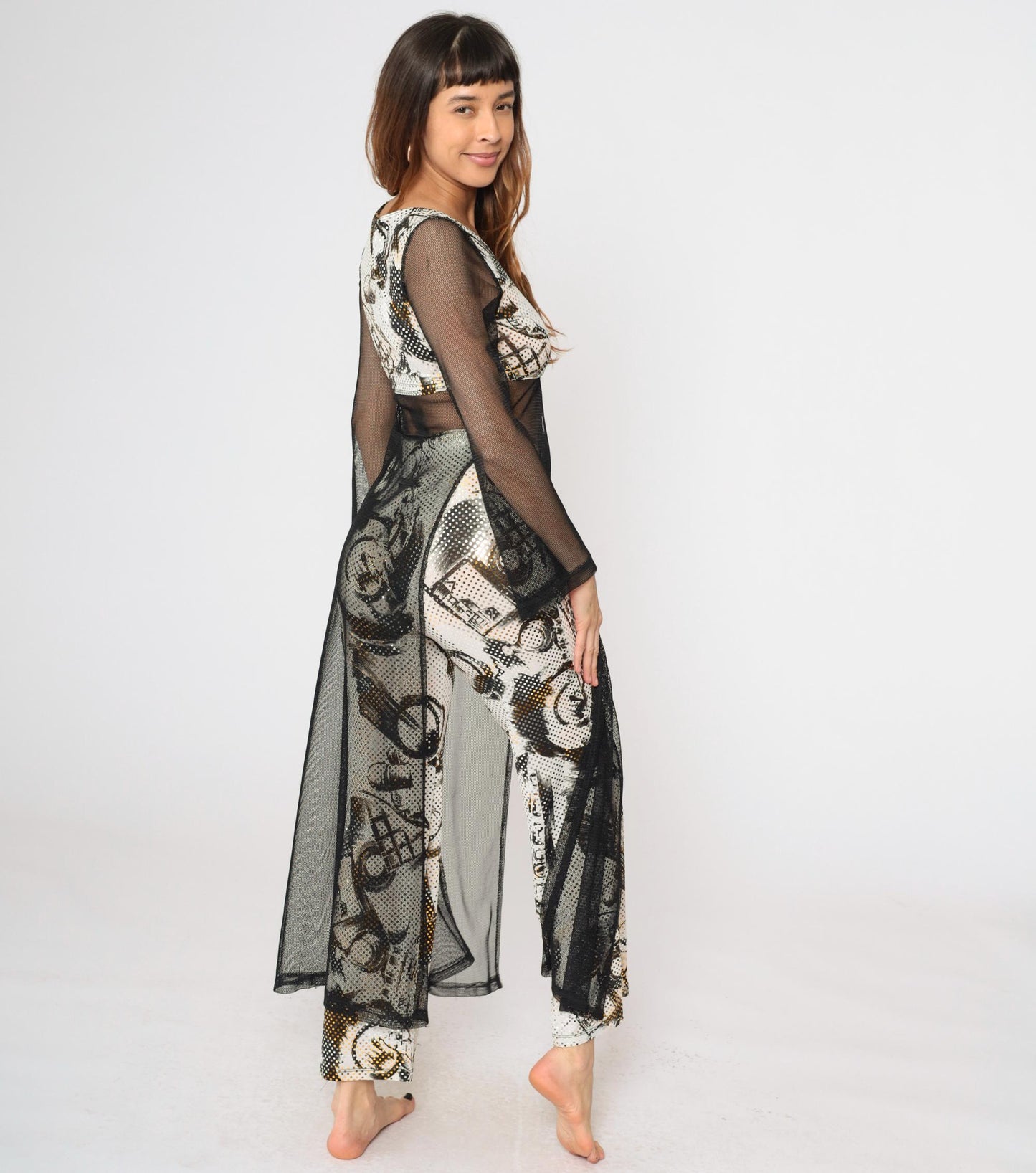 Y2K Metallic Dot Two Piece Jumpsuit Set Black Mesh Crop Jacket Flared Pants Small