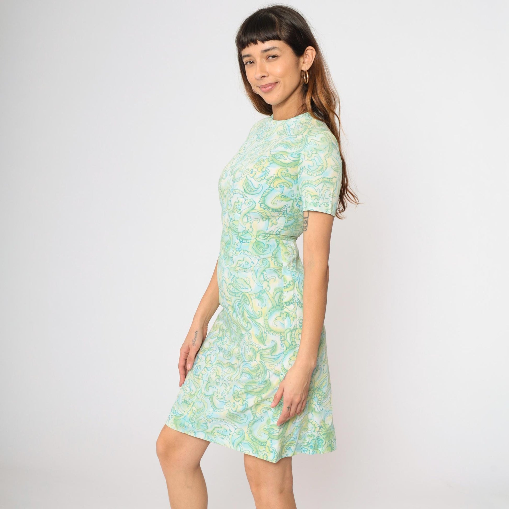60s Abstract Floral Sheath Dress Green Blue Mini Short Sleeve Extra Small
