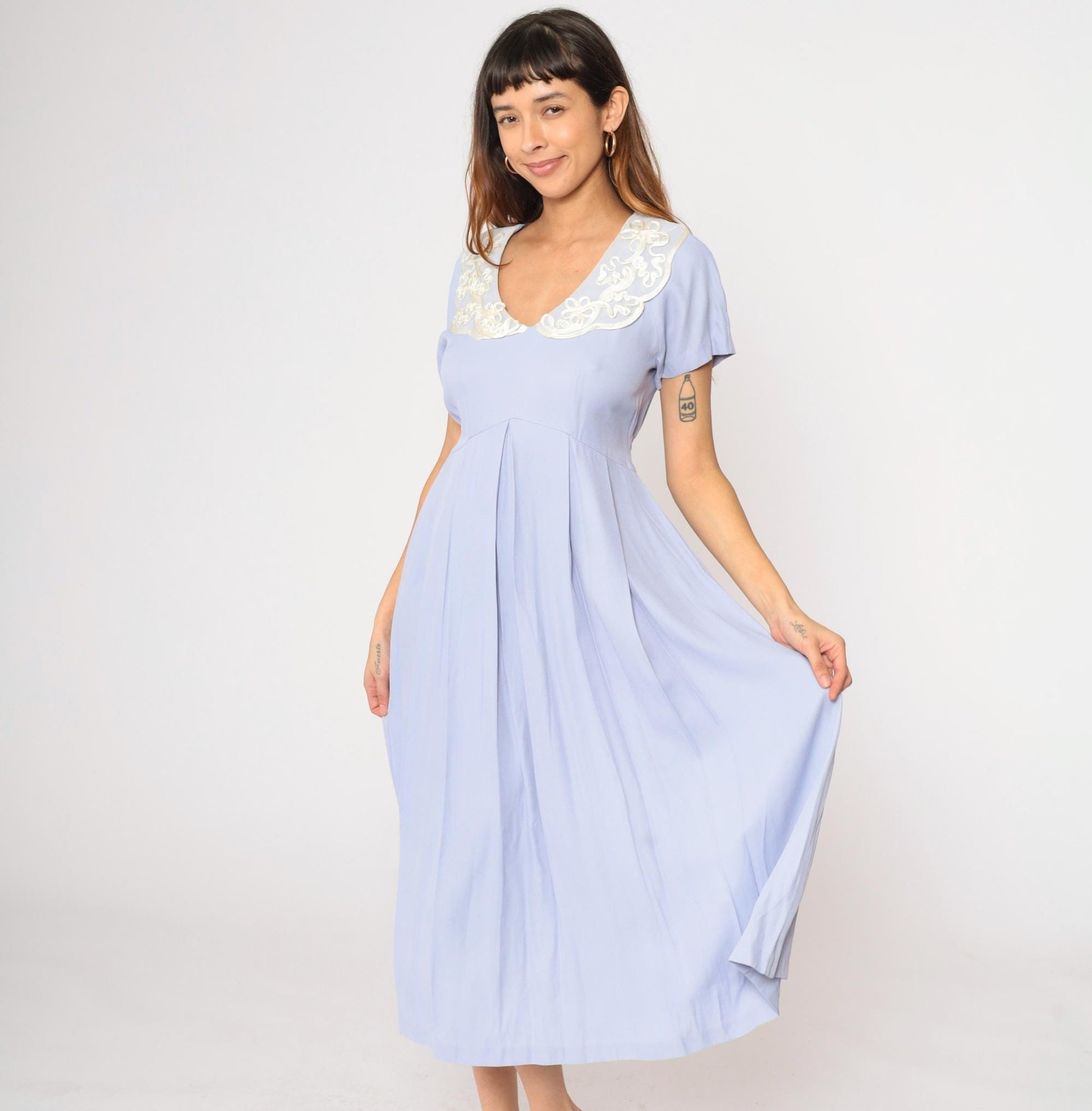 90s Lavender Midi Dress Soutache Lace Collar High Waist Pleated Small